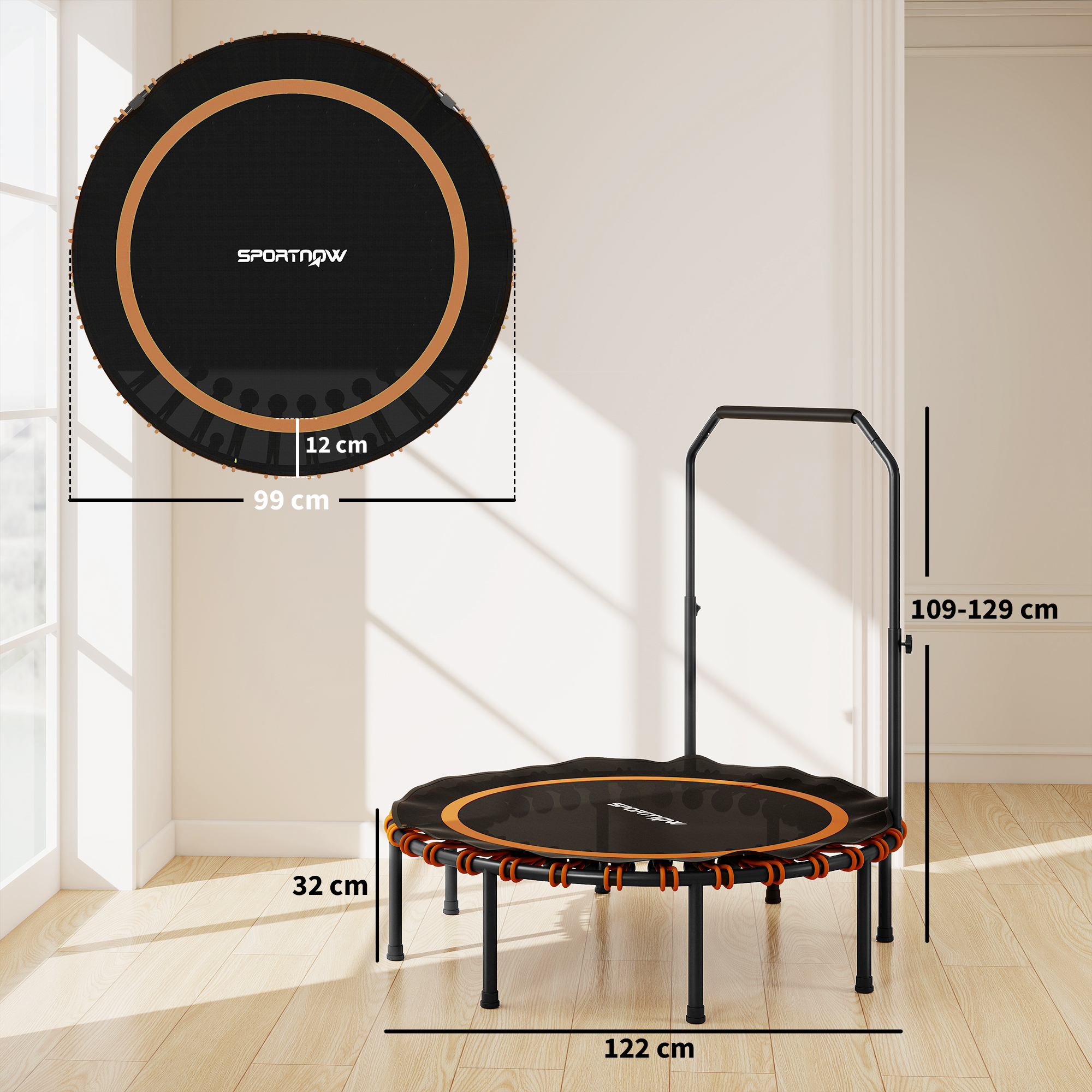 Fitness-trampoliini säädettävällä käsikaarella, oranssi, Ø122 cm - Image 3