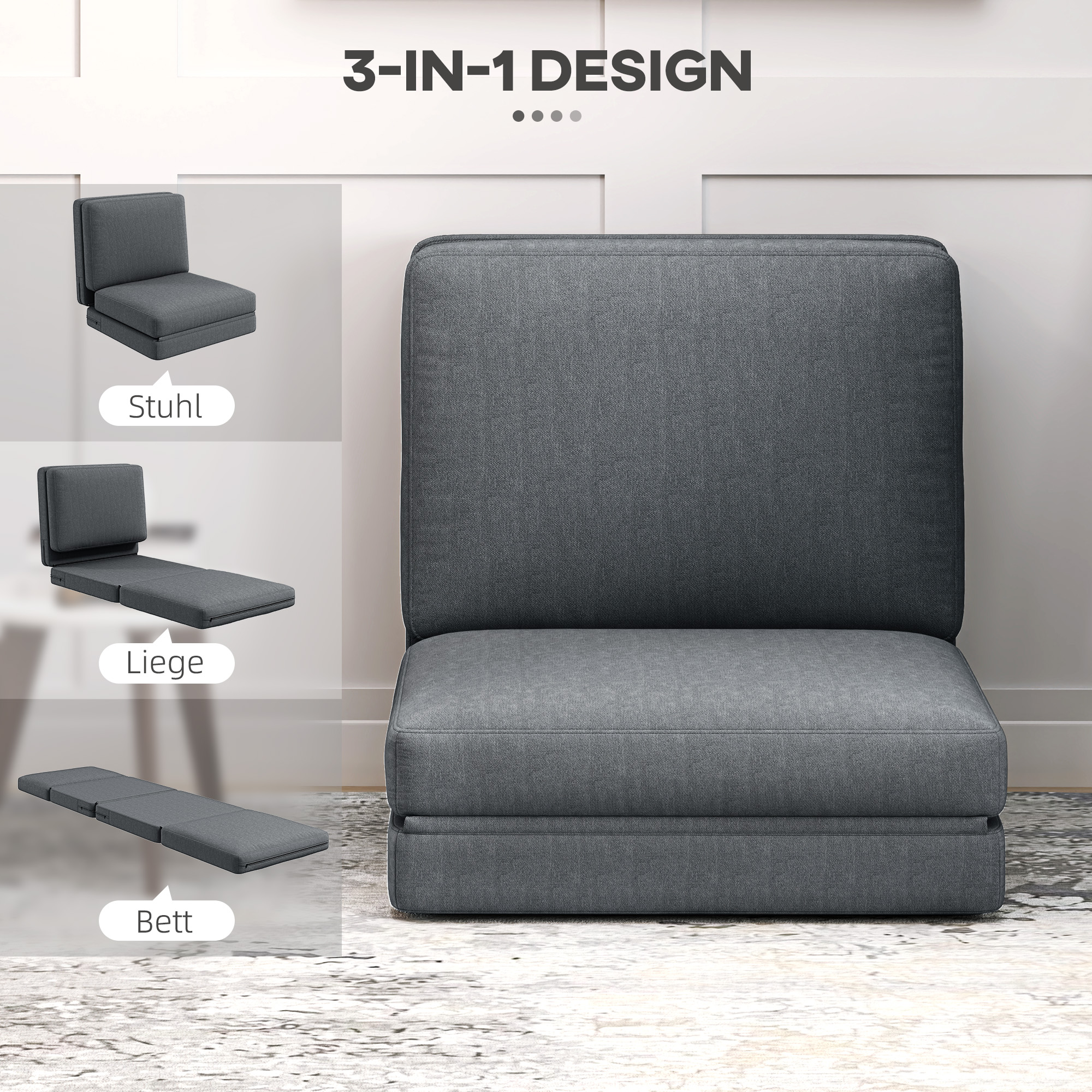 Sulankstoma grindų kėdė su pagalvėle, transformuojama sofa, tamsiai pilka, 75 x 268 x 18 cm - Image 4