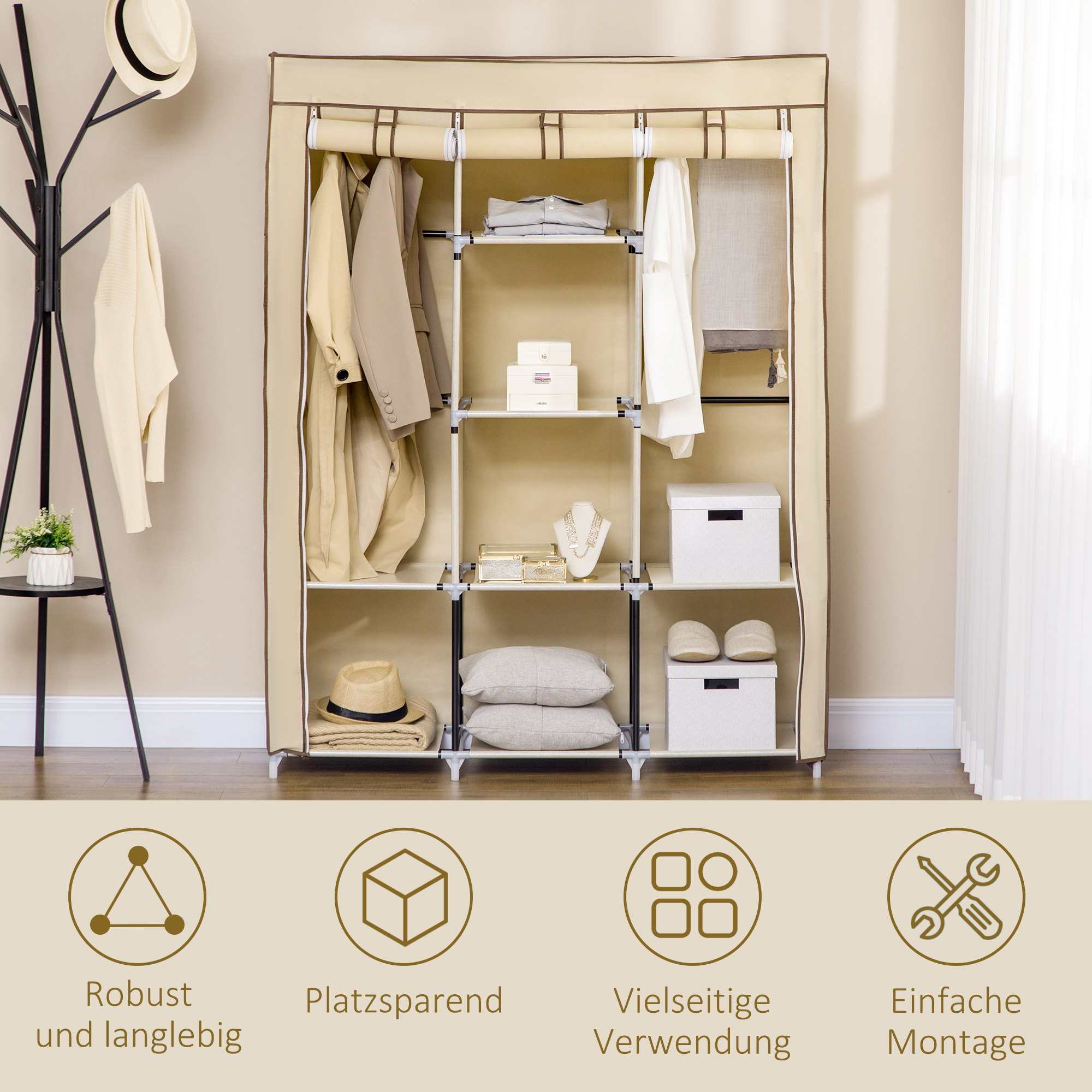 Kangaskaappi, beige, 125 x 43 x 162,5 cm, 8 hyllyä, 2 vaatetankoa - Image 6
