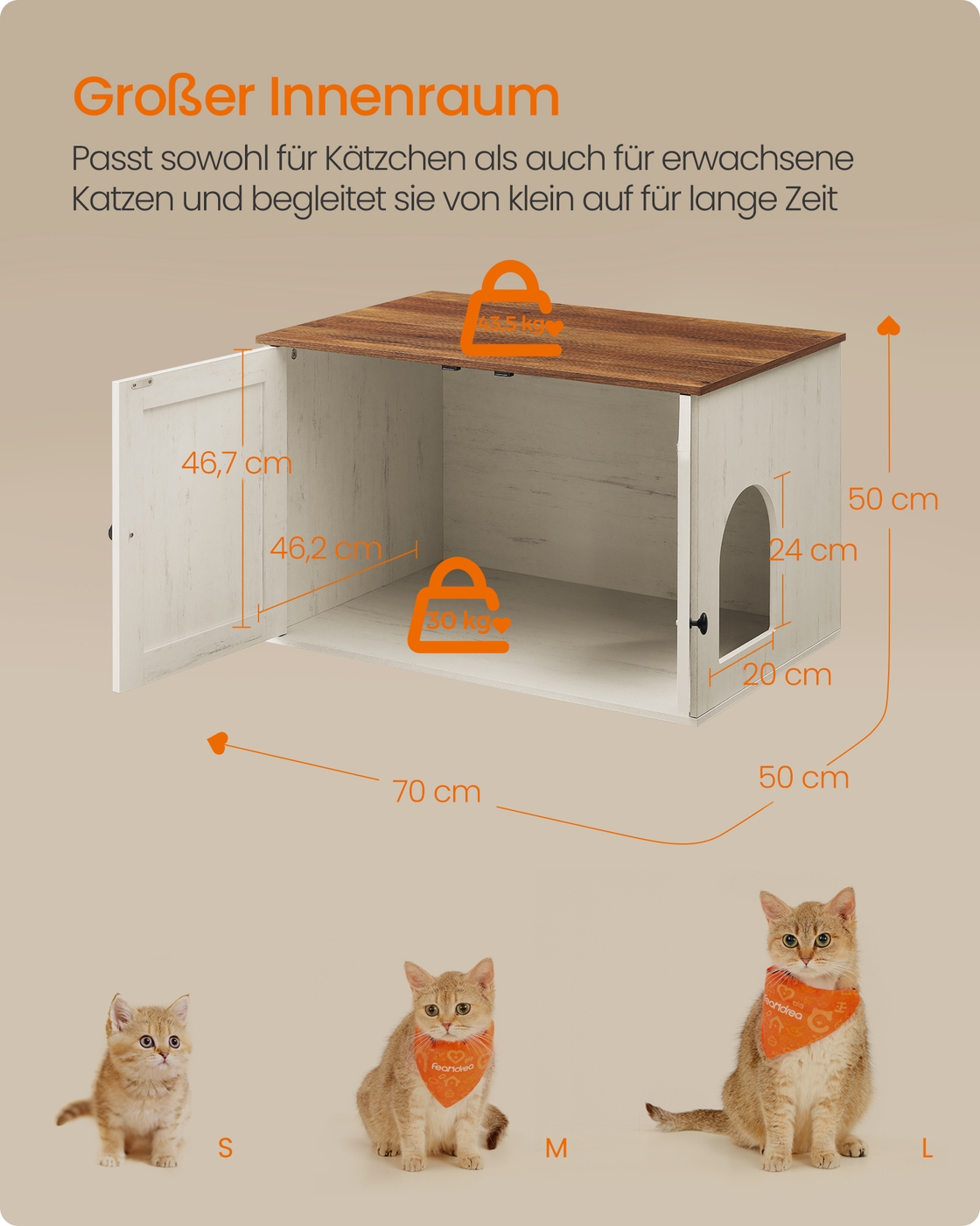 Kačių kraiko dėžės spintelė su durimis, medžio drožlių plokštė ir MDF, 70 x 50 x 50 cm - Image 5