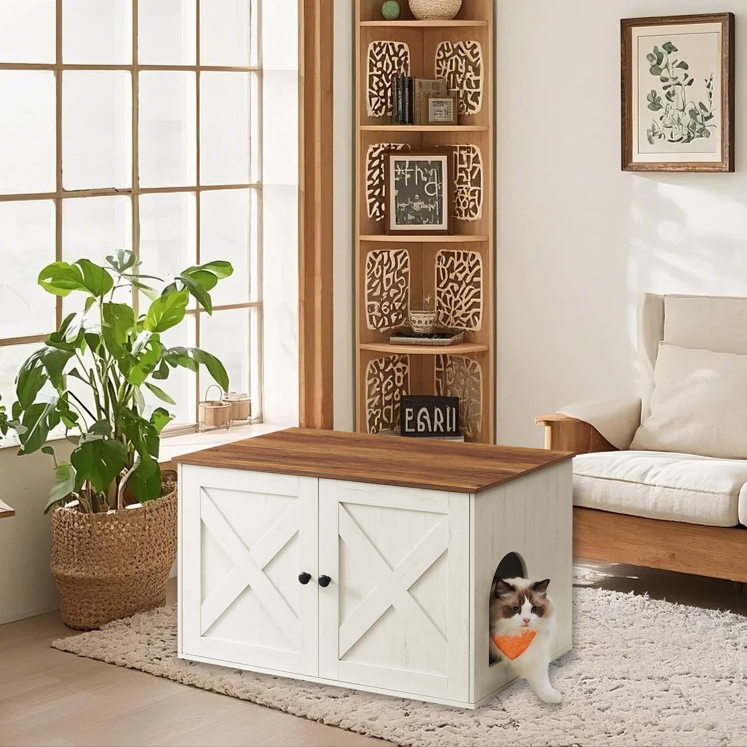 Kačių kraiko dėžės spintelė su išimama pertvara, 80 x 53 x 50 cm, ruda-balta