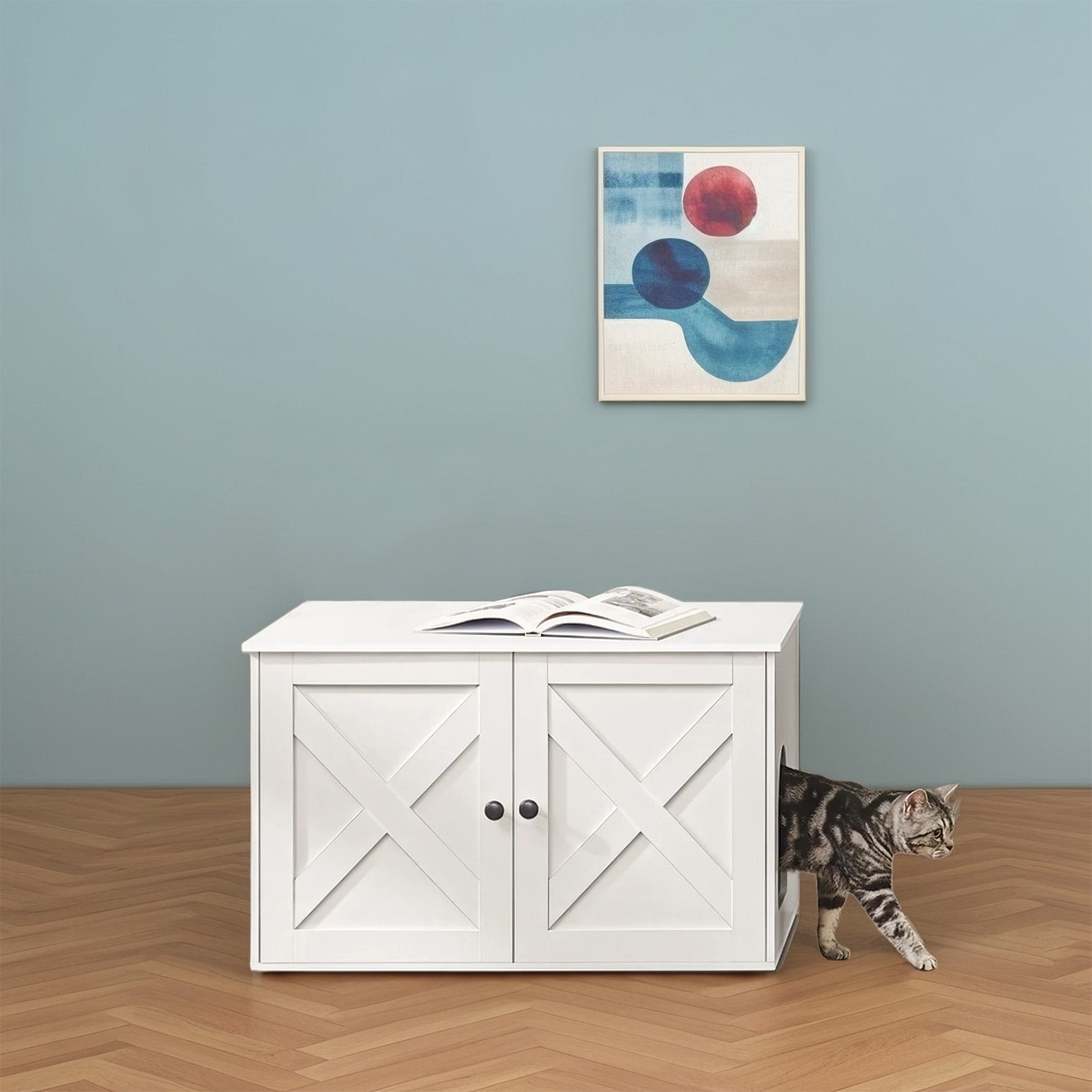 Kačių kraiko dėžės spintelė su išimama pertvara, baltos spalvos, 80 x 53 x 50 cm - Image 2