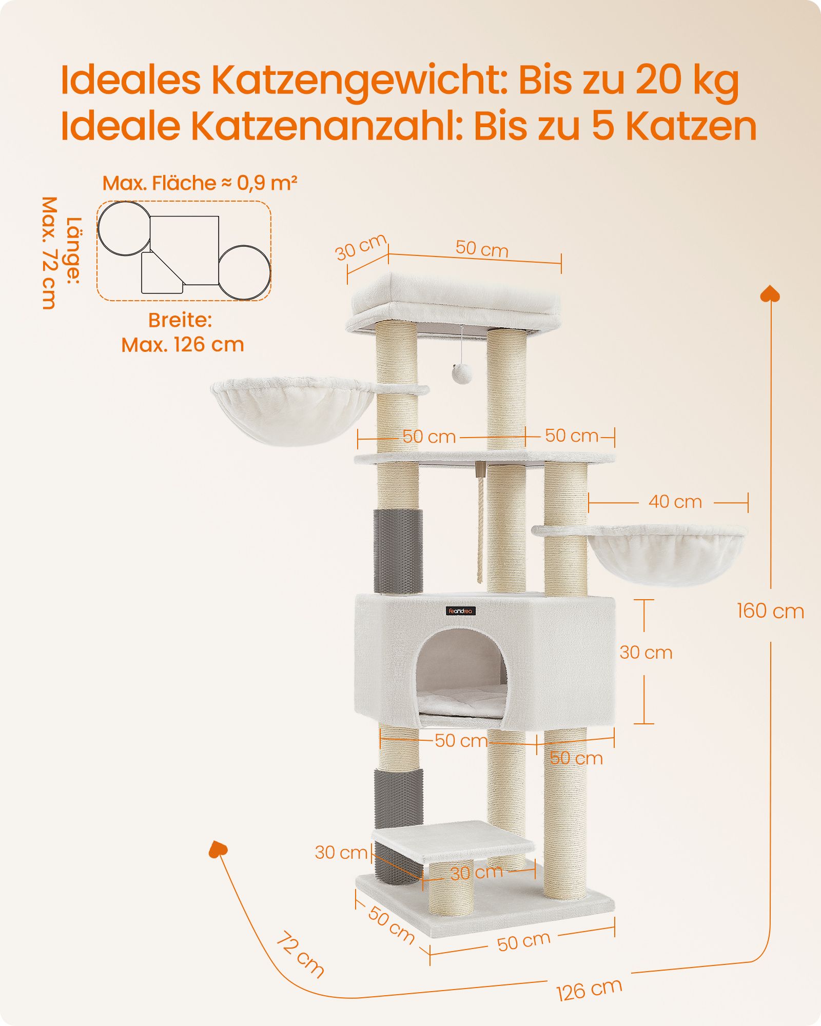 Kaķu skrāpis ar platformām un alu, 50 x 50 x 160 cm, krēmbalts un bēšs - Image 6