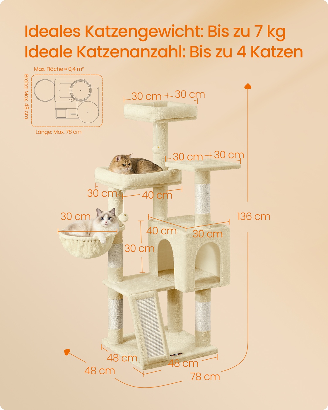Kačių draskyklė 136 cm, 3 platformos, urvelis ir guoliai, smėlio smėlio spalvos - Image 6