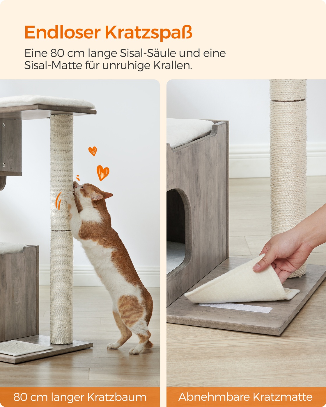 Kaķu skrāpis ar namiņu, 66 x 40 x 86 cm, MDF, sizals, pelēkbrūns un balts - Image 5