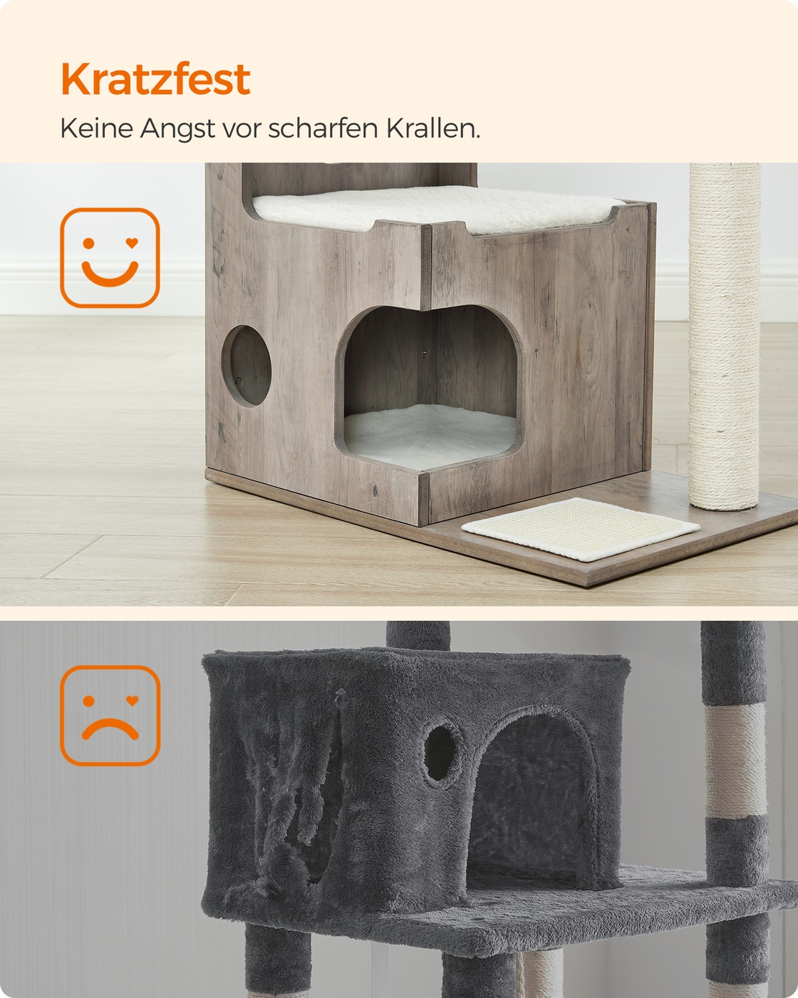 Kaķu skrāpis ar namiņu, 66 x 40 x 86 cm, MDF, sizals, pelēkbrūns un balts - Image 6
