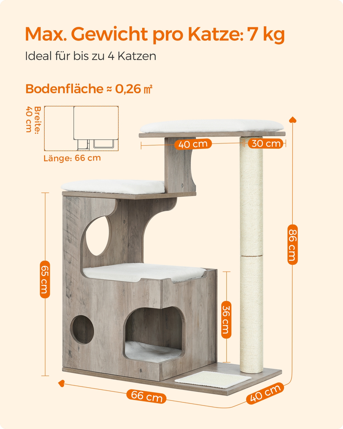 Kaķu skrāpis ar namiņu, 66 x 40 x 86 cm, MDF, sizals, pelēkbrūns un balts - Image 7
