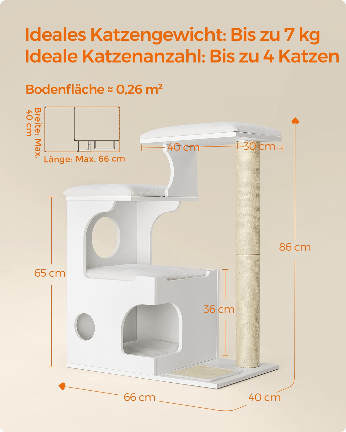 Kaķu koks 86 cm ar alu, 3 guļvietām, sizala stabu, 66 x 40 cm - Image 7