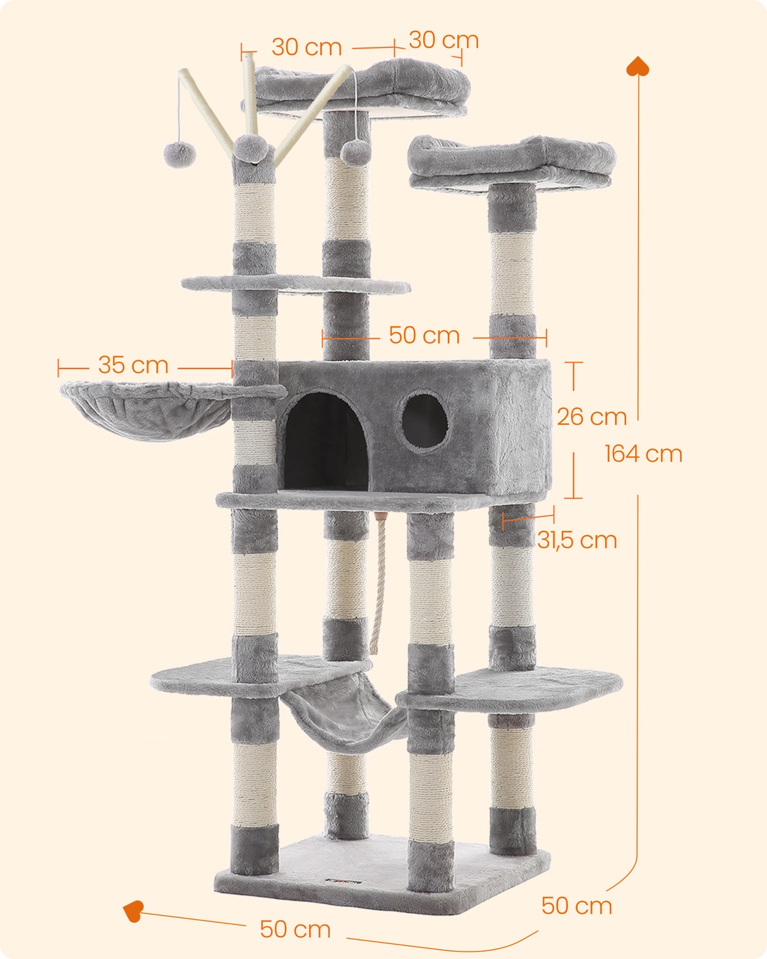 Kissapuu, 164 cm korkea, vaaleanharmaa, 2 tasoa, pesä ja riippumatto - Image 7
