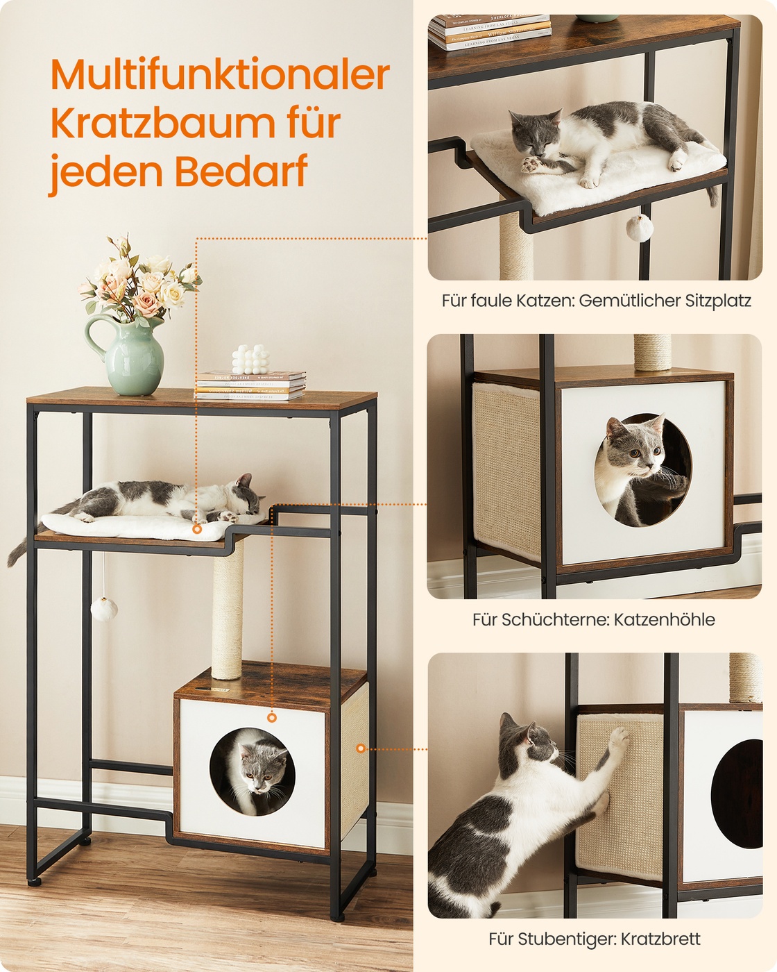 Kačių draskyklė su lentyna, 2 viename, 74 x 34 x 114 cm, vintažinė ruda - Image 5