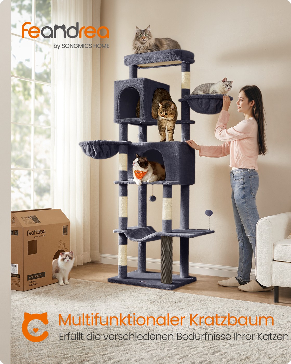 Kaķu koks, 190,7 cm augsts, ar 2 alām un 2 guļvietām, tumši pelēks - Image 2