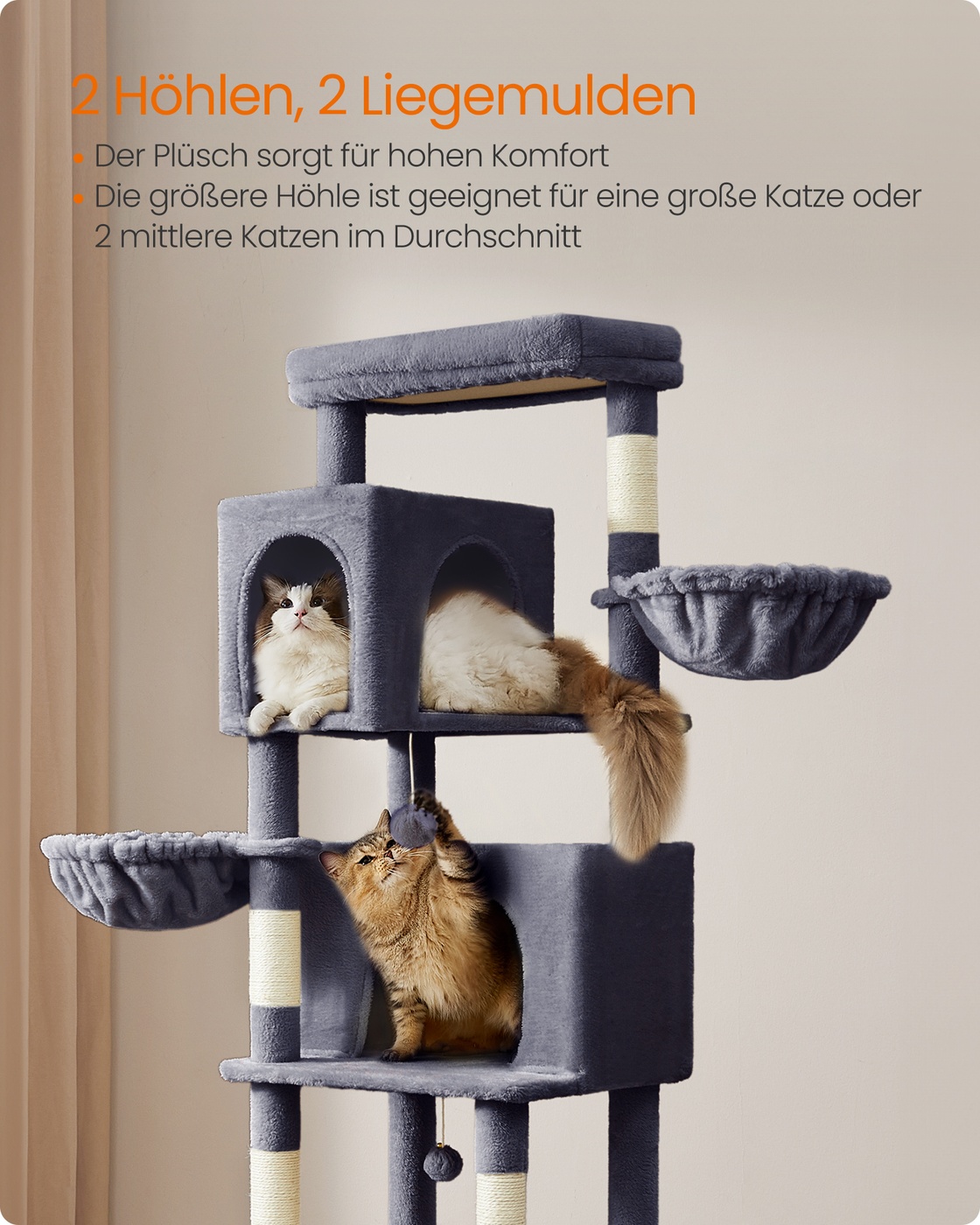 Kaķu koks, 190,7 cm augsts, ar 2 alām un 2 guļvietām, tumši pelēks - Image 4
