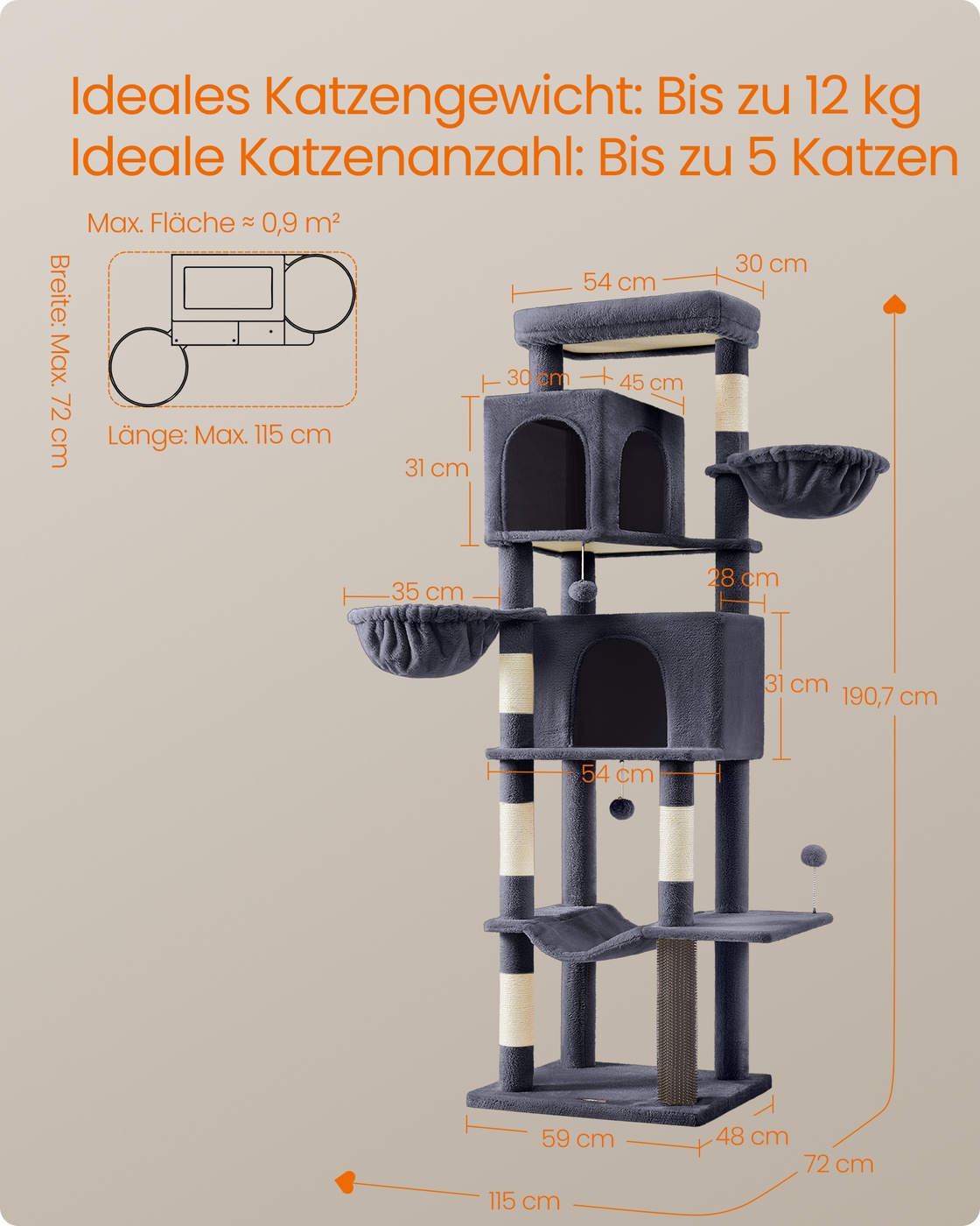 Kaķu koks, 190,7 cm augsts, ar 2 alām un 2 guļvietām, tumši pelēks - Image 6