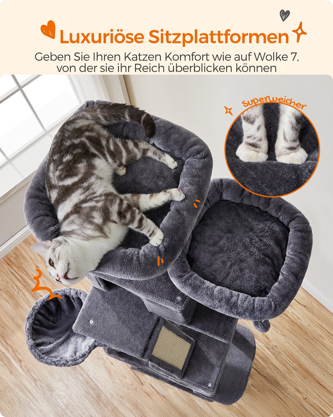 Kaķu koks 206 cm, XXL, ar 2 midzeņiem, šūpuļtīklu un 2 platformām, dūmakaini pelēks - Image 3