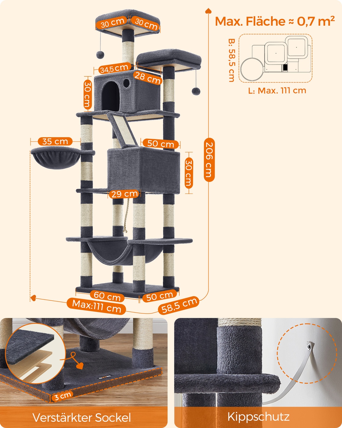 Kaķu koks 206 cm, XXL, ar 2 midzeņiem, šūpuļtīklu un 2 platformām, dūmakaini pelēks - Image 6