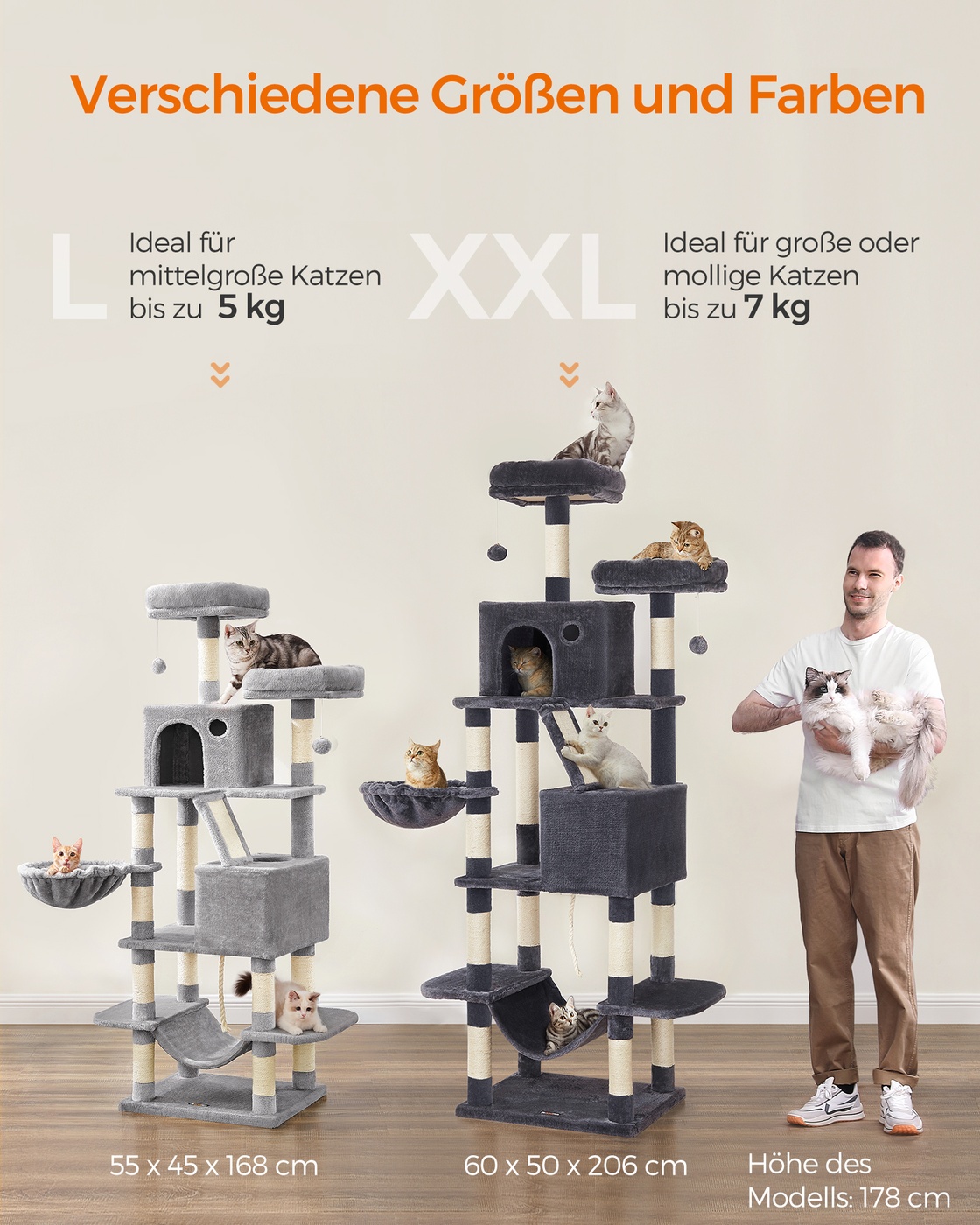 Kaķu koks 206 cm, XXL, ar 2 midzeņiem, šūpuļtīklu un 2 platformām, dūmakaini pelēks - Image 7