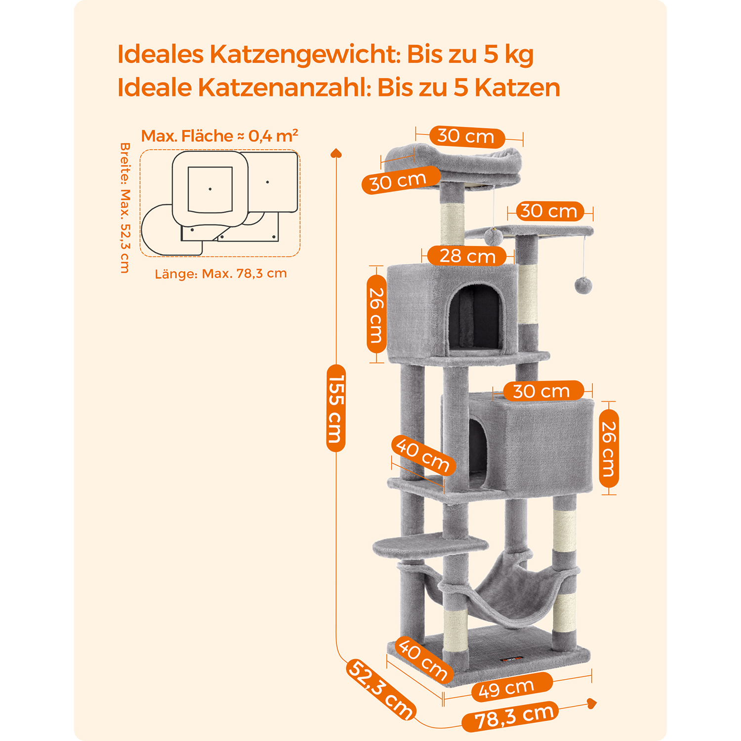 Kaķu koks, 155 cm, gaiši pelēks, ar 5 skrāpēšanas stabiem, 2 platformām un 2 alām - Image 7