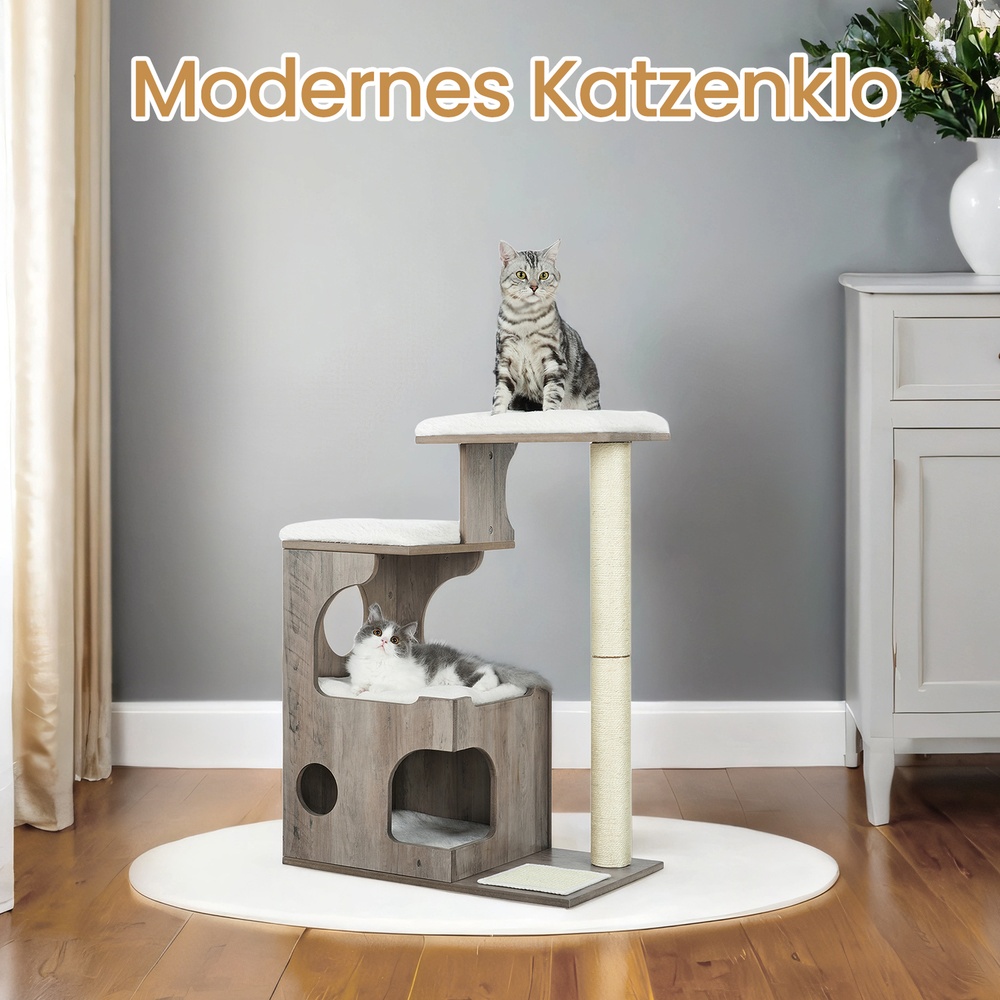 Kaķu skrāpēšanas koks ar mājiņu, 66 x 40 x 86 cm, MDF, sizals, pelēkbēšs un balts - Image 2