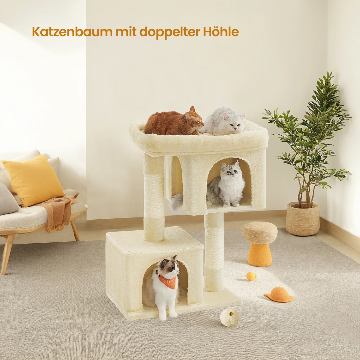 Kraapimispuu suure platvormi ja 2 plüüškoopaga, 68 x 48 x 101 cm, beež