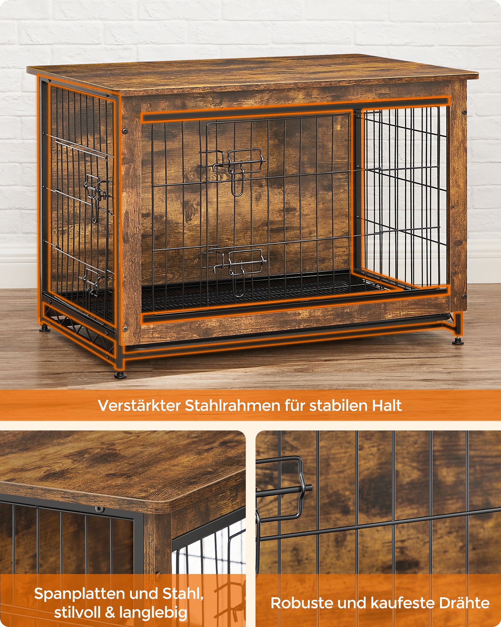 Šunų narvas-baldas iki 20 kg, vintage rudas, medžio drožlių plokštė ir plienas, 82,5 x 56 x 64 cm - Image 3