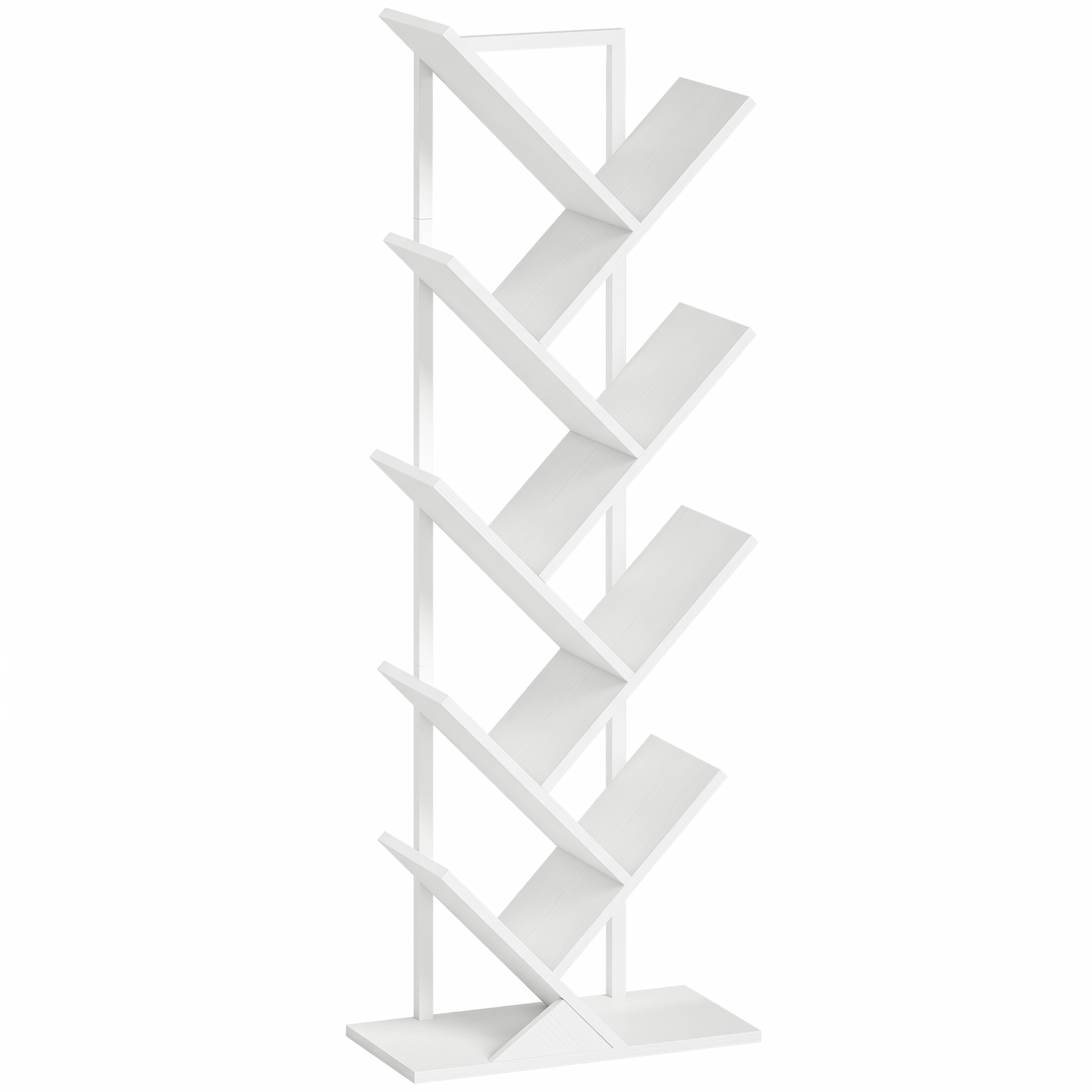 9 līmeņu koka formas grāmatu plaukts, balts, tērauda rāmis, 50 x 24 x 136 cm