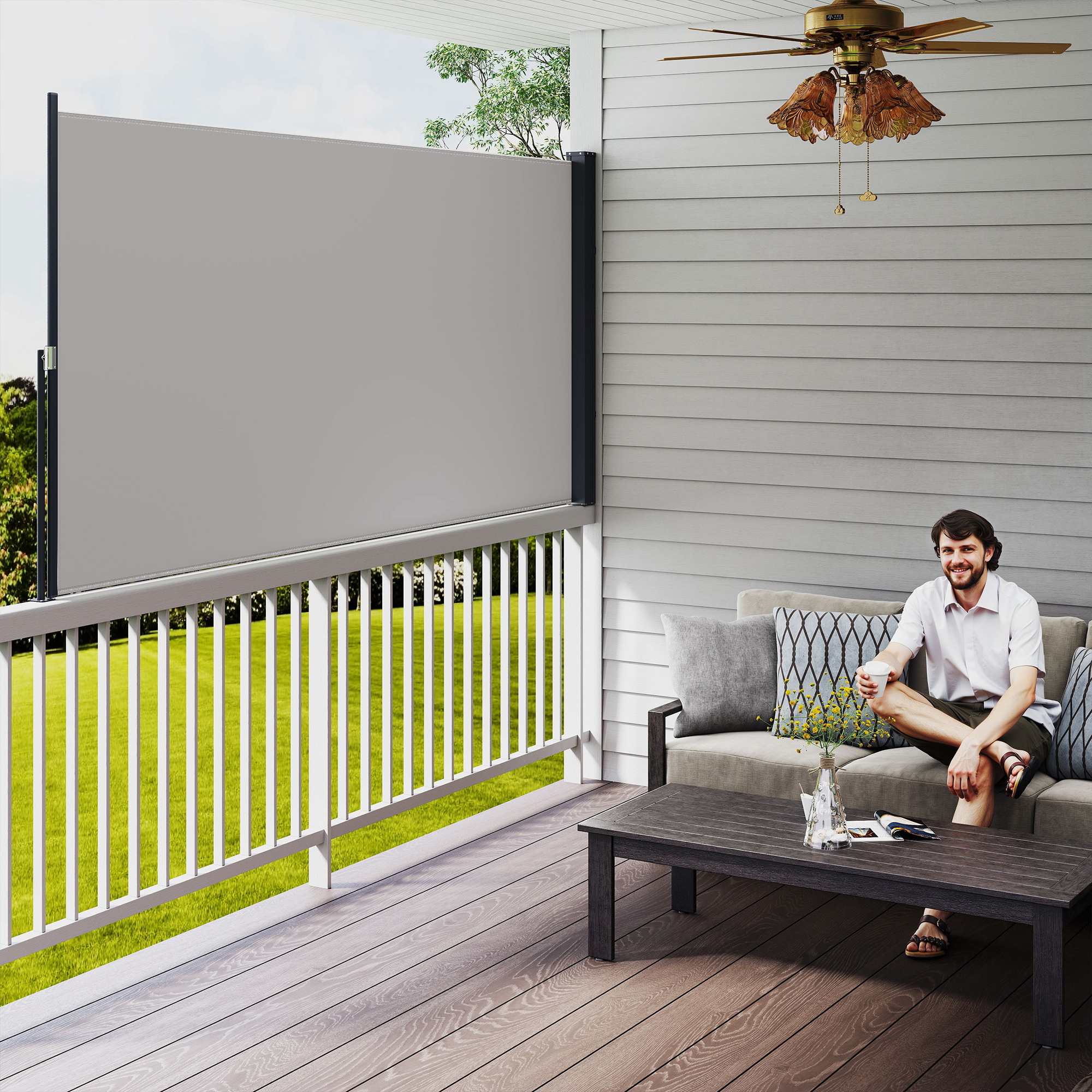 Sānu markīze ar izvelkamu aizslietni, gaiši pelēka, 3 x 1,4 m - Image 2