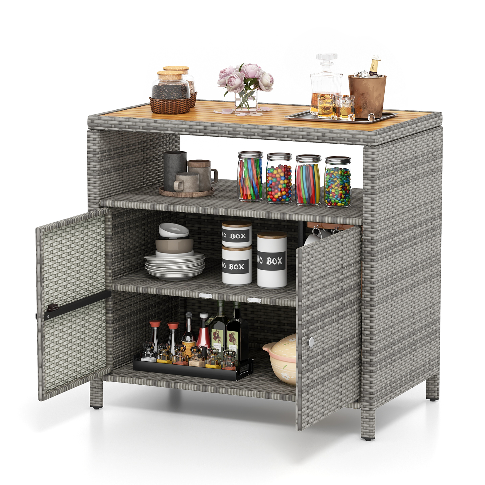 Rataninis spintelė su akacijos medienos stalviršiu, pilka