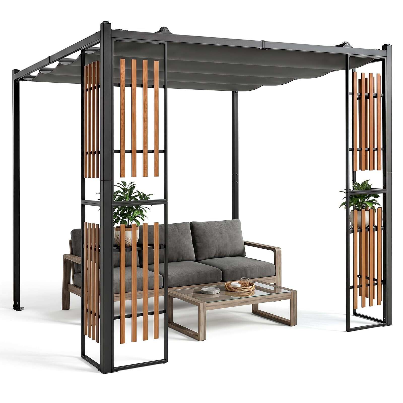 Pergola, pelēka, metāla, ar 4 aizkariem, 2 plauktiem, 230 x 230 x 220 cm