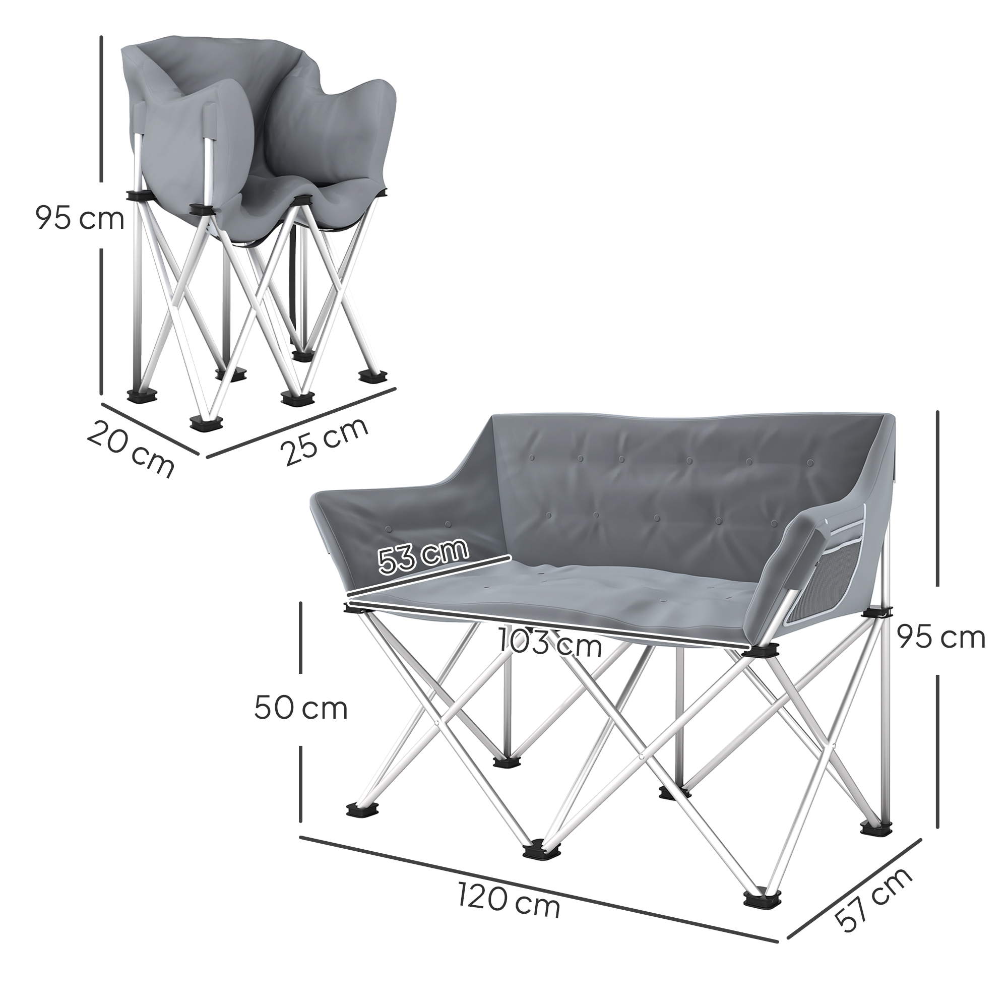 Saliekamo kempinga krēslu 2 sēdvietu komplekts ar roku balstiem un sānu kabatu, pelēks, līdz 240 kg - Image 3