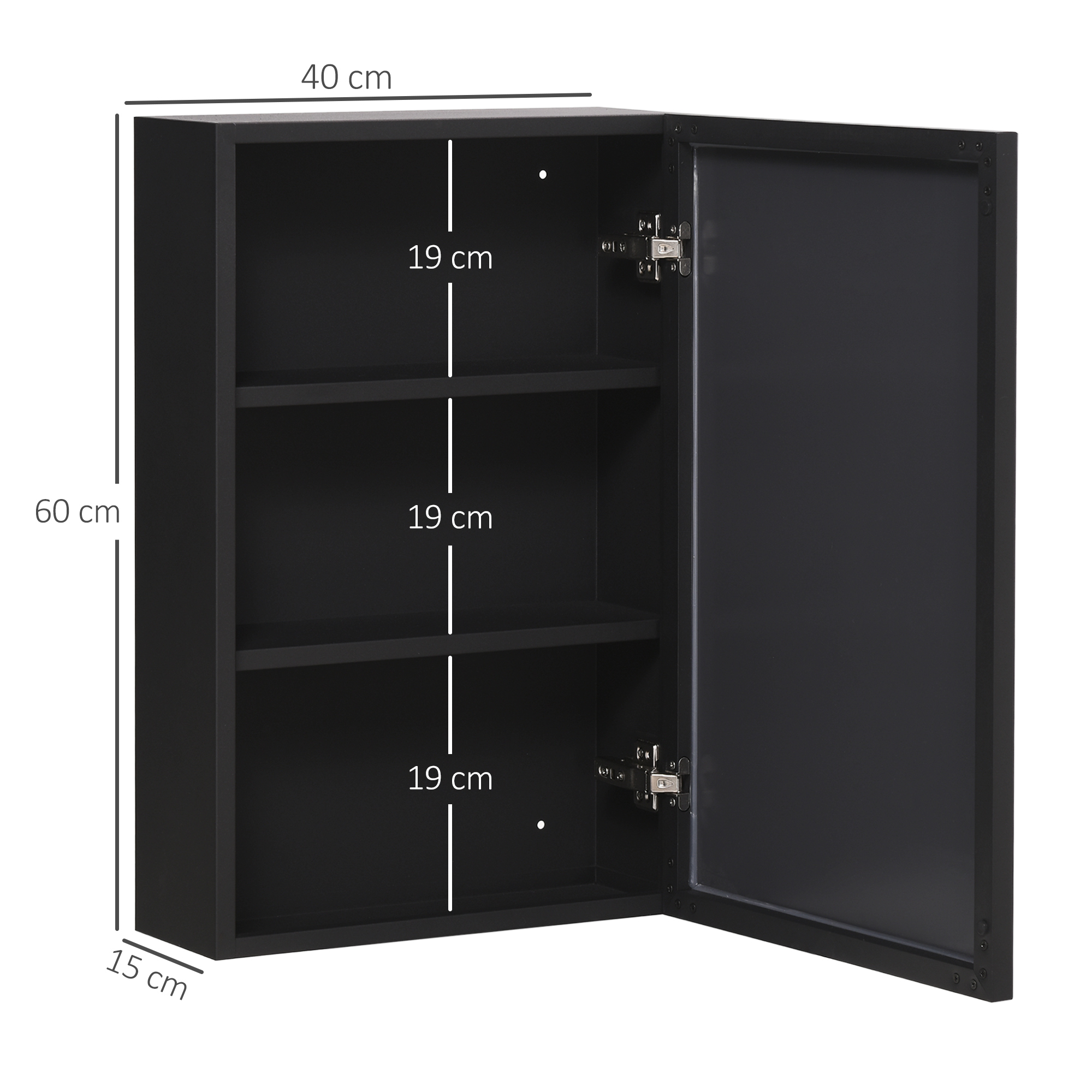 Peegelkapp, 3 riiulit, pehmed hinged, teraskorpus, must, 40 x 15 x 60 cm - Image 3