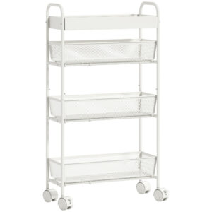 Köögikäru metallist, 3 korvi, kitsas disain, 4 ratast, valge, 43,2 x 19 x 80 cm