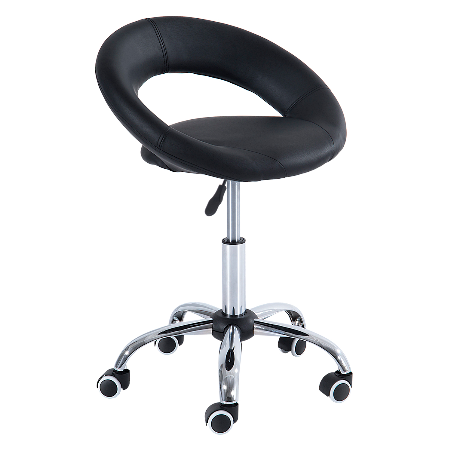 Reguleeritav ratastel taburet seljatoega, kunstnahk, must, 45–57 cm