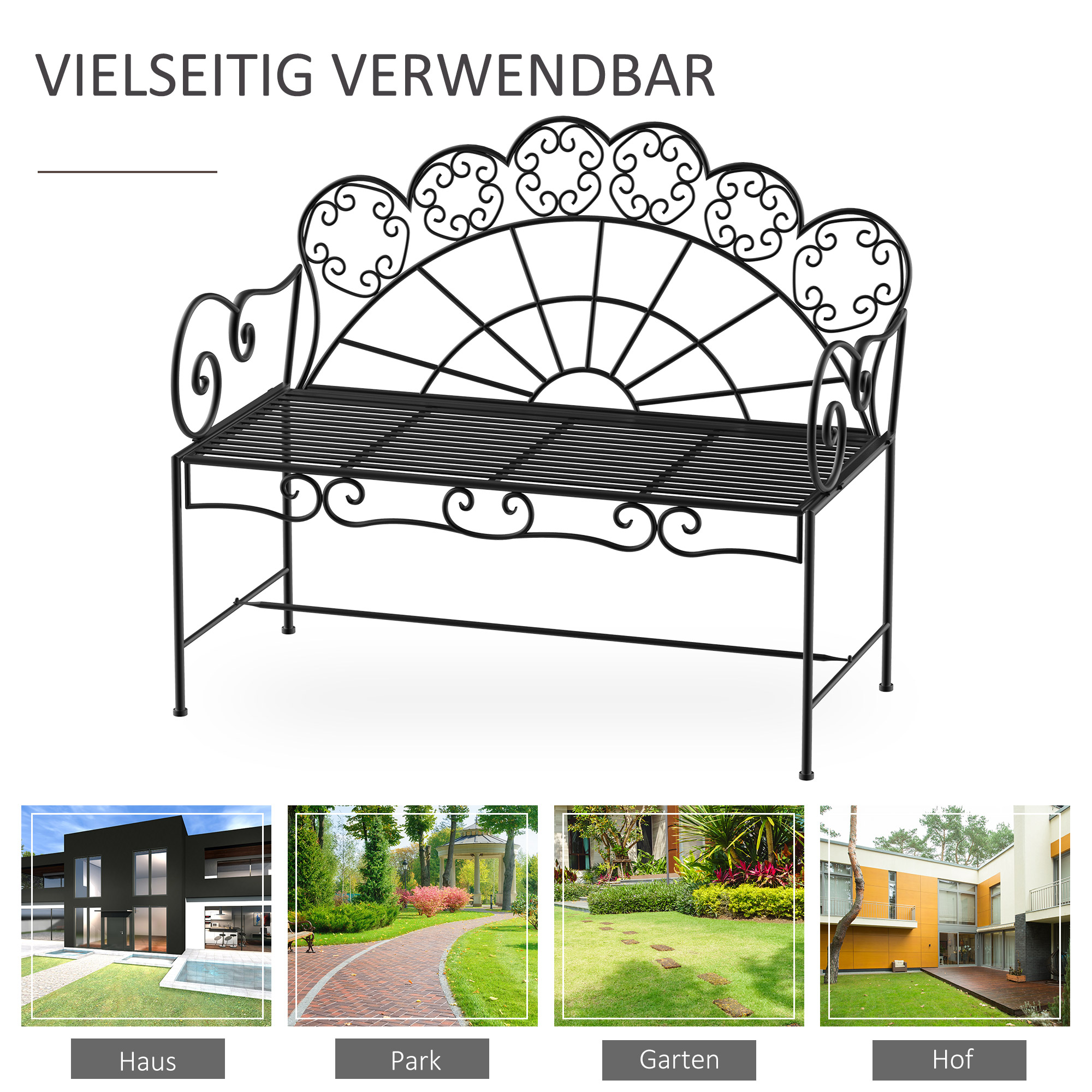 2 vietų sodo suoliukas, juodas, metalas, 107 x 55,5 x 90,5 cm - Image 6
