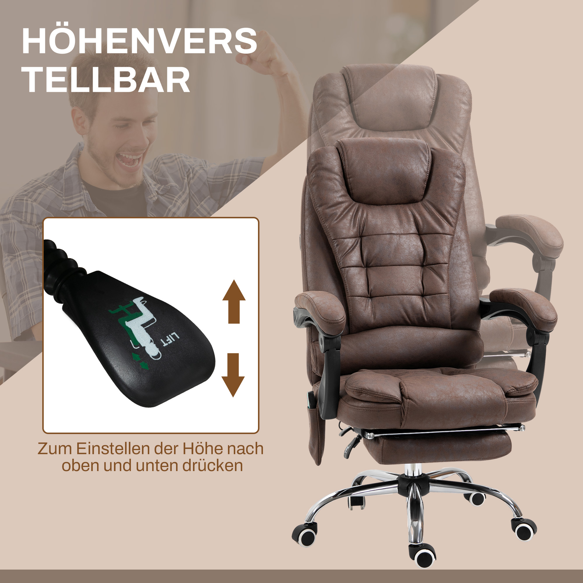 Masažinė biuro kėdė su gulėjimo ir šildymo funkcija, sukinėjama, ergonomiška, ruda, iki 120 kg - Image 6