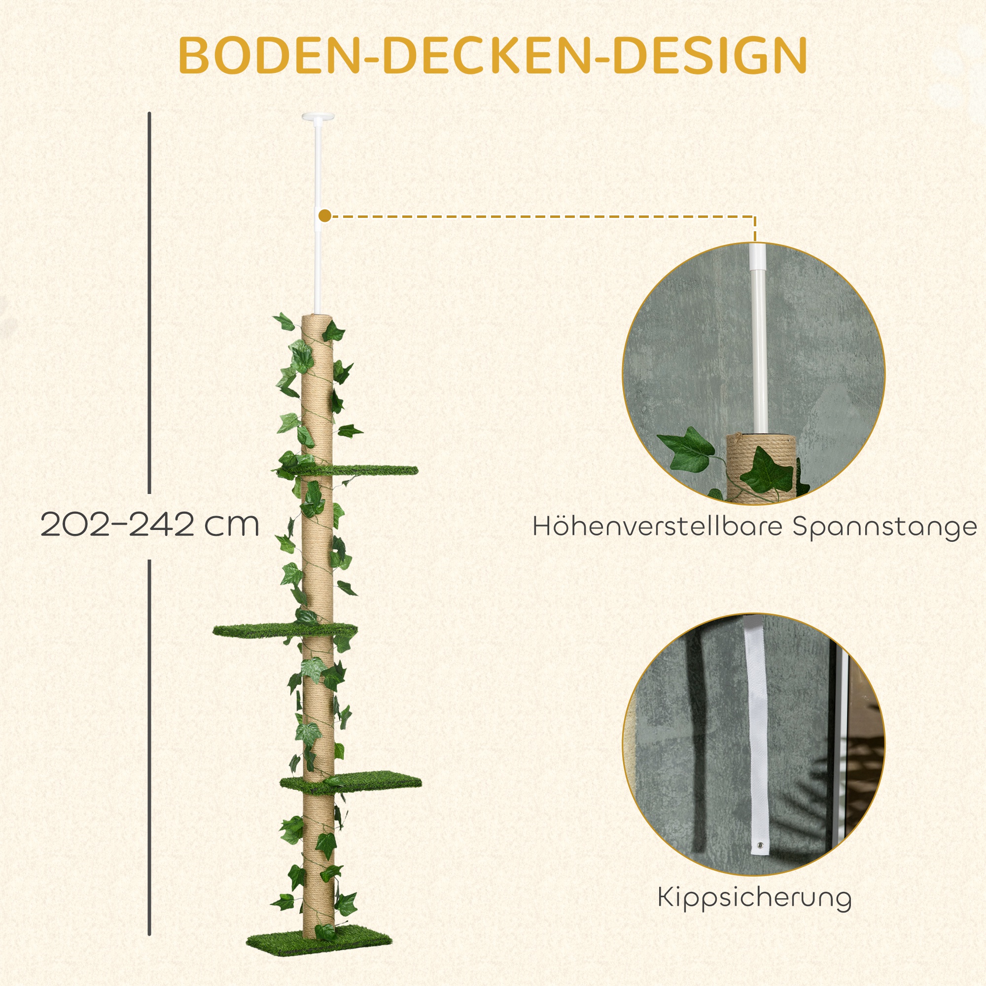 Säädettävä kissapuu, 202-242 cm, liukumaton, juuttipylväät, lastulevyä, vihreä/keltainen - Image 5
