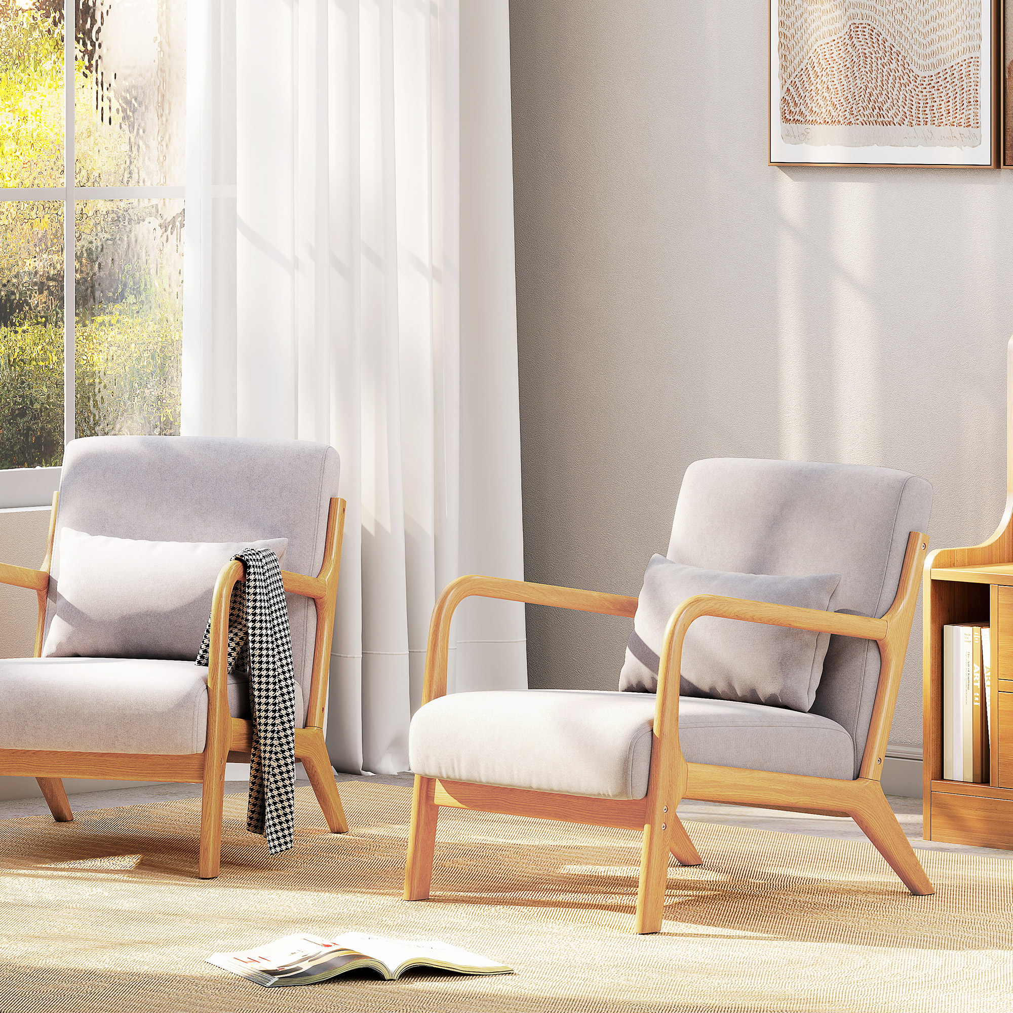 Pelēks lounge krēsls ar koka rāmi, samta izskats, 61 x 78 x 76 cm - Image 6