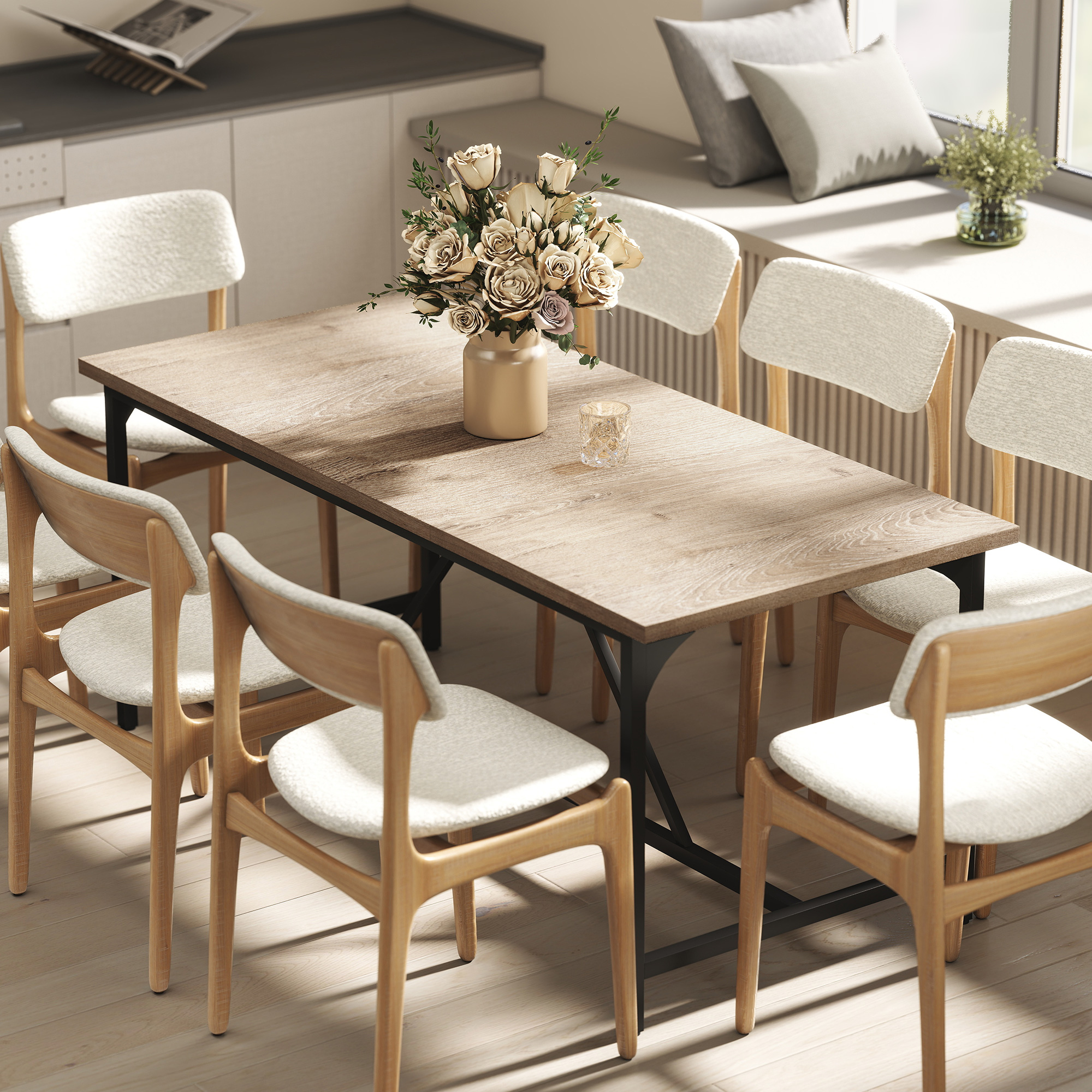 Ruokapöytä 6–8 hengelle, puujäljitelmä, 180 x 80 x 75,5 cm, luonnonvärinen - Image 2