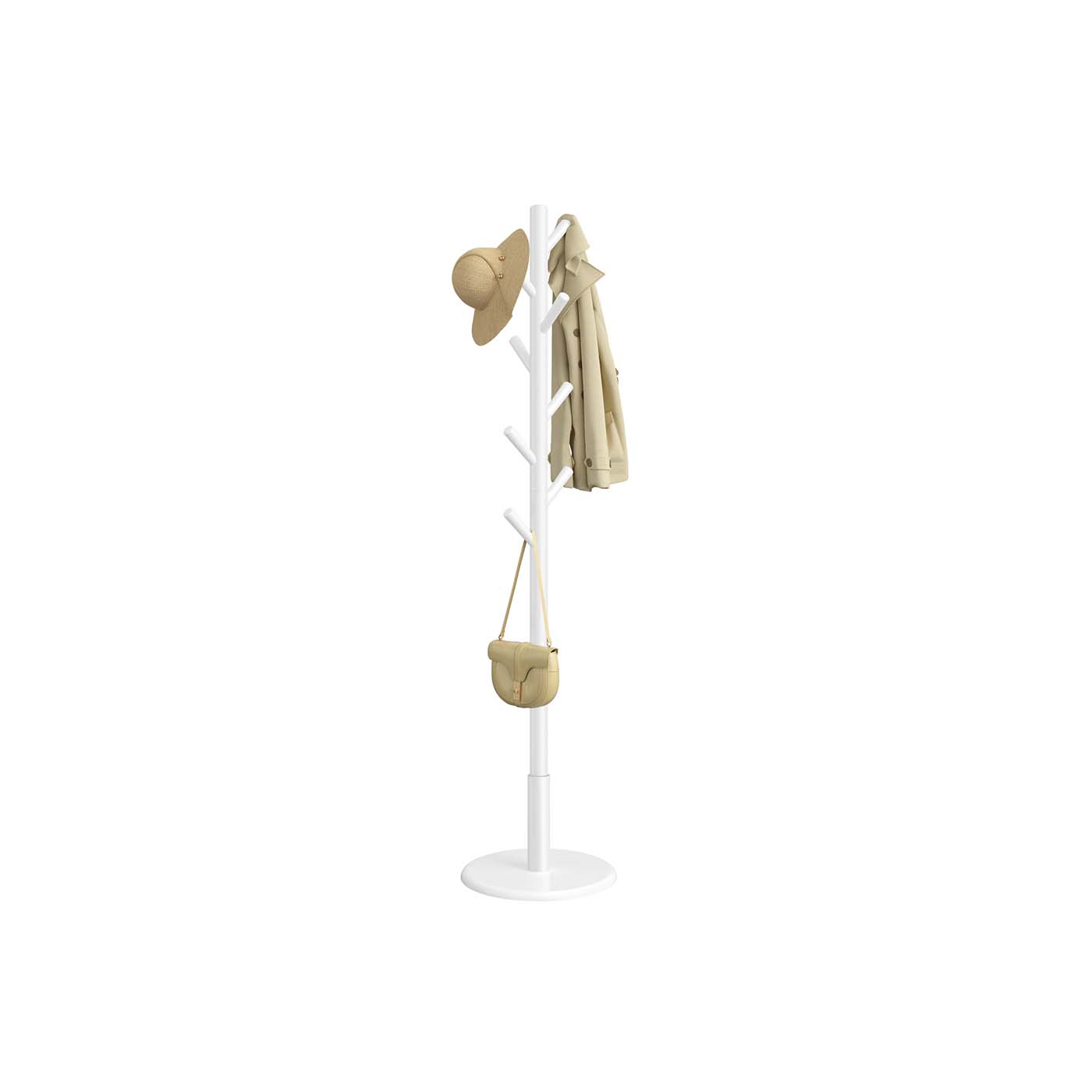 Drabužių kabykla medžio formos, 8 kabliukai, kaučiukmedis ir MDF, balta, Ø 40 x 171,8 cm