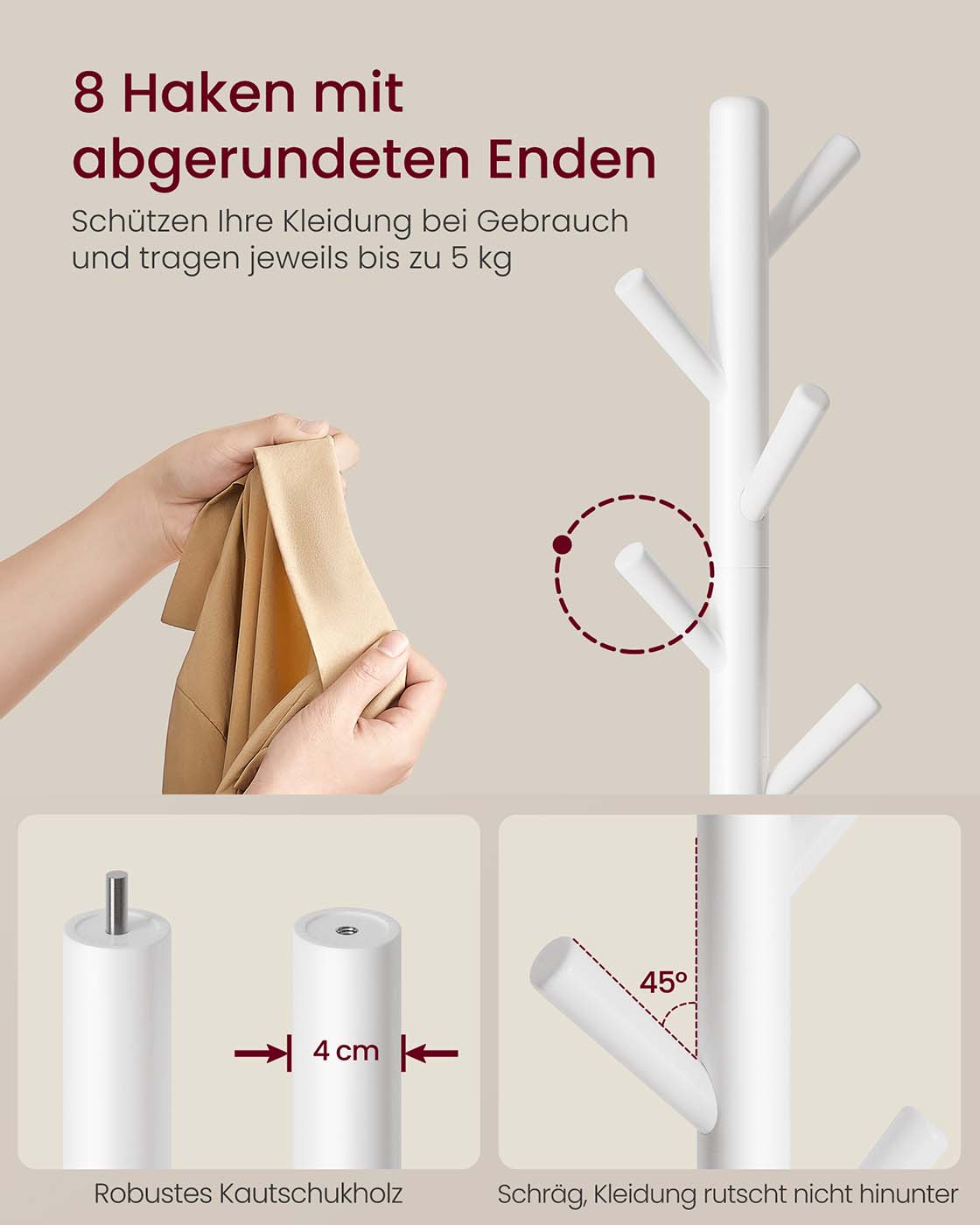 Drēbju statīvs koka formā ar 8 āķiem, gumijkoks un MDF, balts, Ø 40 x 171,8 cm - Image 4