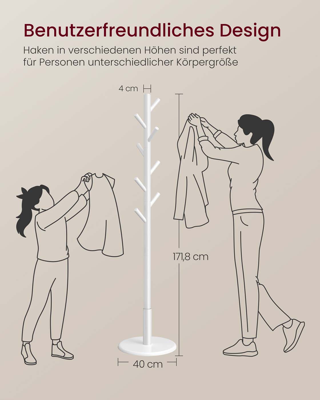 Drēbju statīvs koka formā ar 8 āķiem, gumijkoks un MDF, balts, Ø 40 x 171,8 cm - Image 5