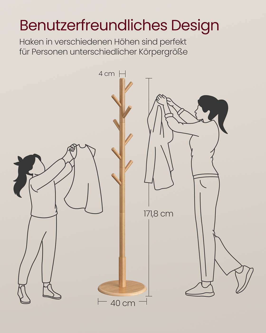 Drēbju statīvs koka formas dizainā ar 8 āķiem, kaučukkoks un MDF, dabīga krāsa - Image 6