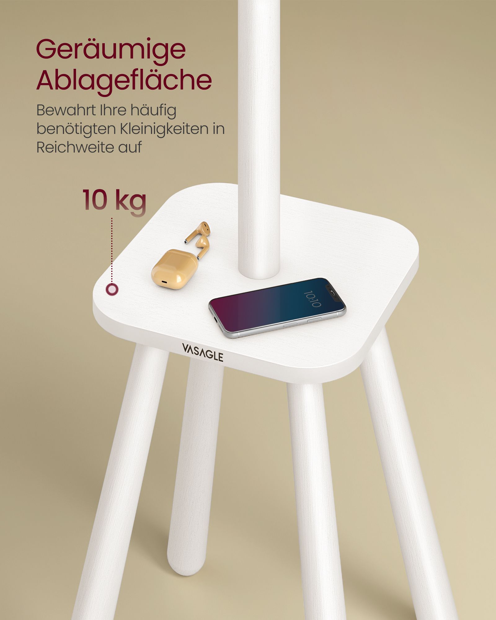 Drēbju statīvs ar 8 āķiem un plauktu, 34,7 x 34,7 x 170,5 cm, balts - Image 3