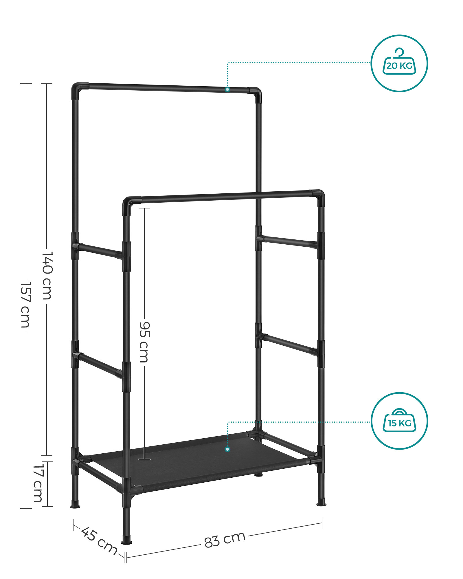Drabužių stovas iš metalo, 83 x 45 x 157 cm, 2 skersiniai, 1 lentyna, juodas - Image 7