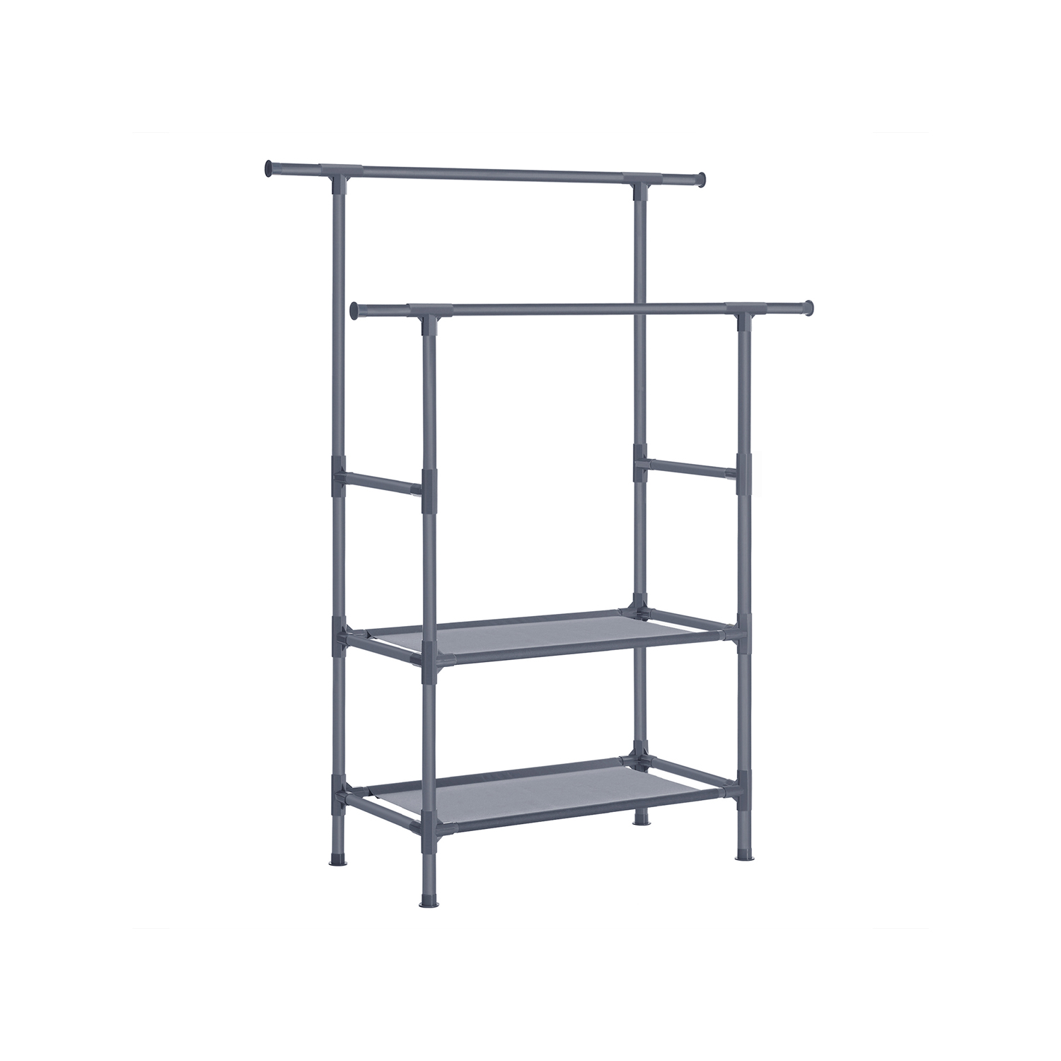 Drabužių stovas iš metalo, 114 x 45 x 171 cm, 2 skersiniai, 2 lentynos, pilkas
