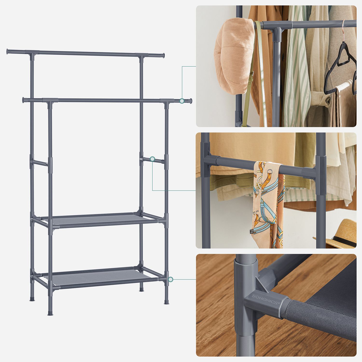 Drabužių stovas iš metalo, 114 x 45 x 171 cm, 2 skersiniai, 2 lentynos, pilkas - Image 5