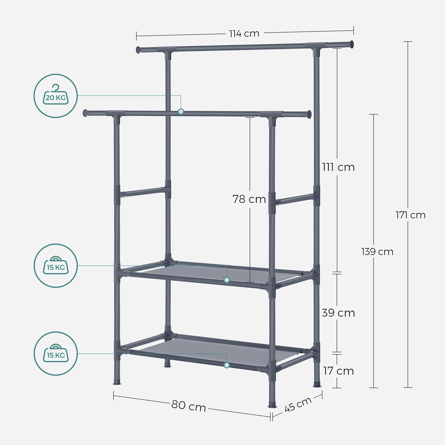 Drabužių stovas iš metalo, 114 x 45 x 171 cm, 2 skersiniai, 2 lentynos, pilkas - Image 7