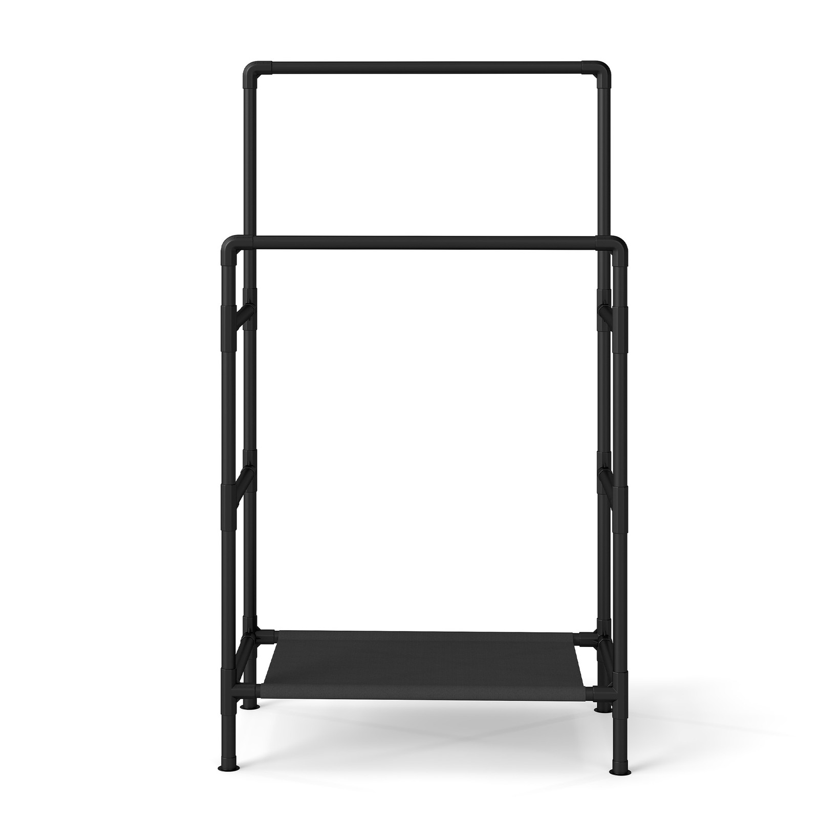 Drabužių stovas iš metalo su lentyna ir 2 skersiniais, 83 x 45 x 157 cm, juodas