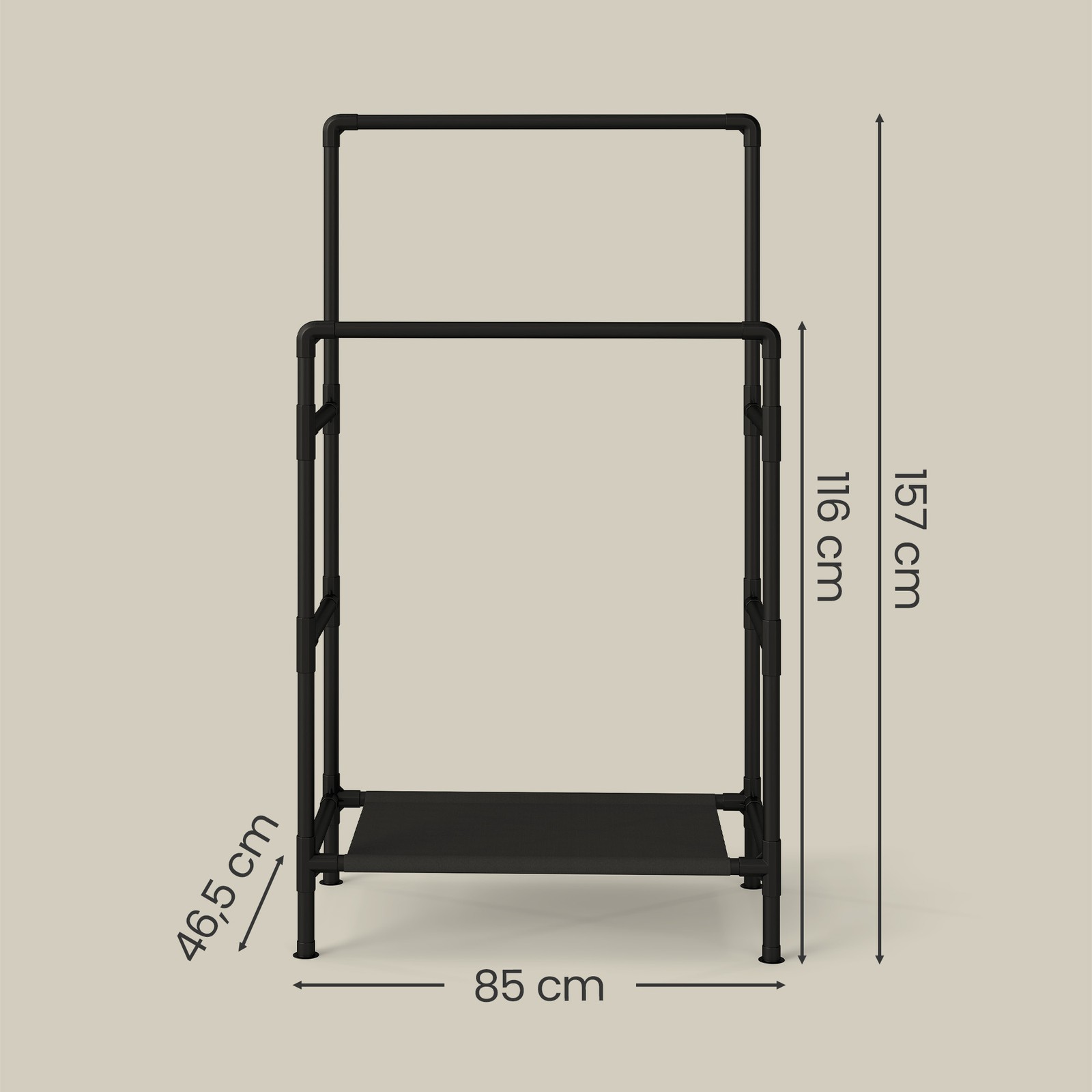 Drabužių stovas iš metalo su lentyna ir 2 skersiniais, 83 x 45 x 157 cm, juodas - Image 3
