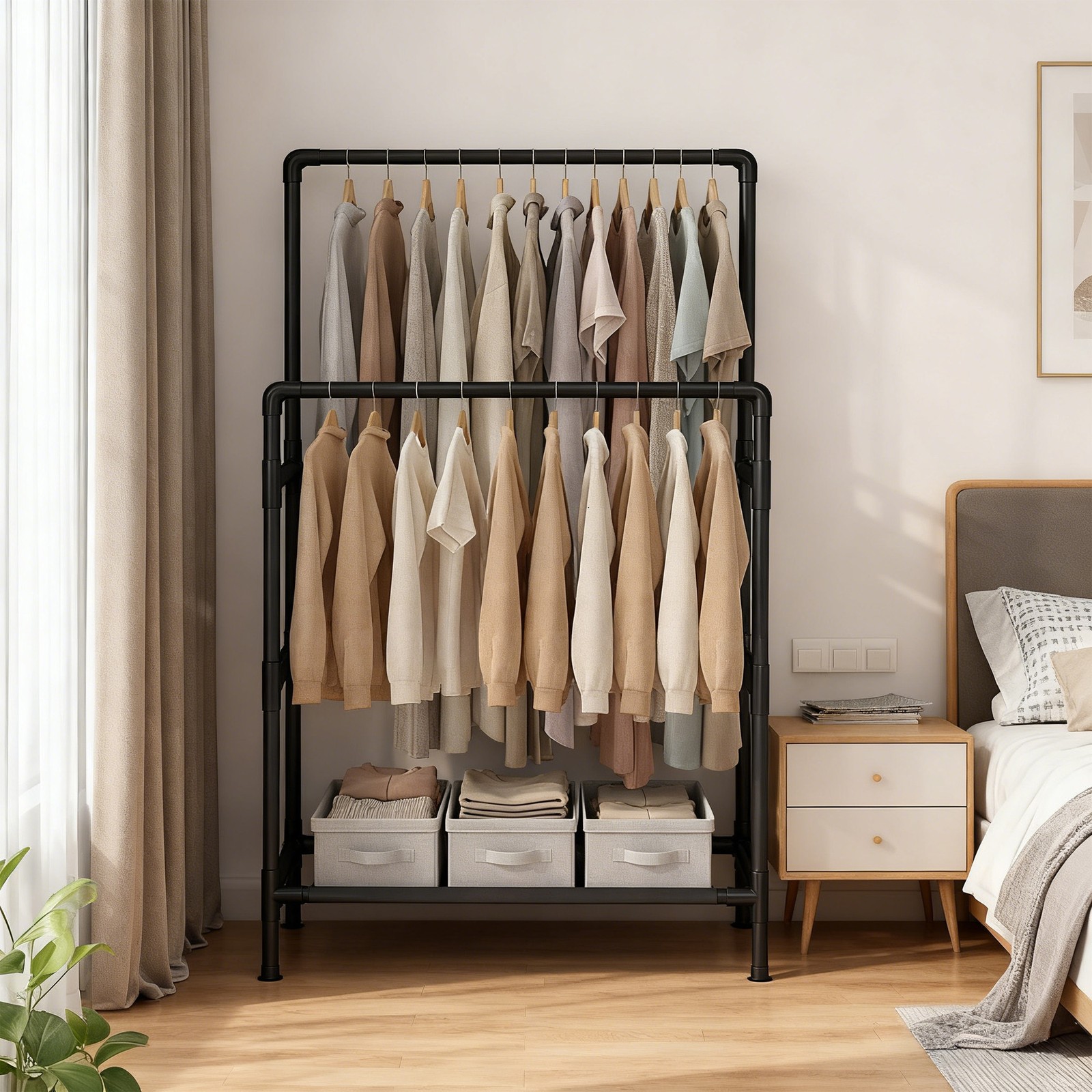 Drabužių stovas iš metalo su lentyna ir 2 skersiniais, 83 x 45 x 157 cm, juodas - Image 4