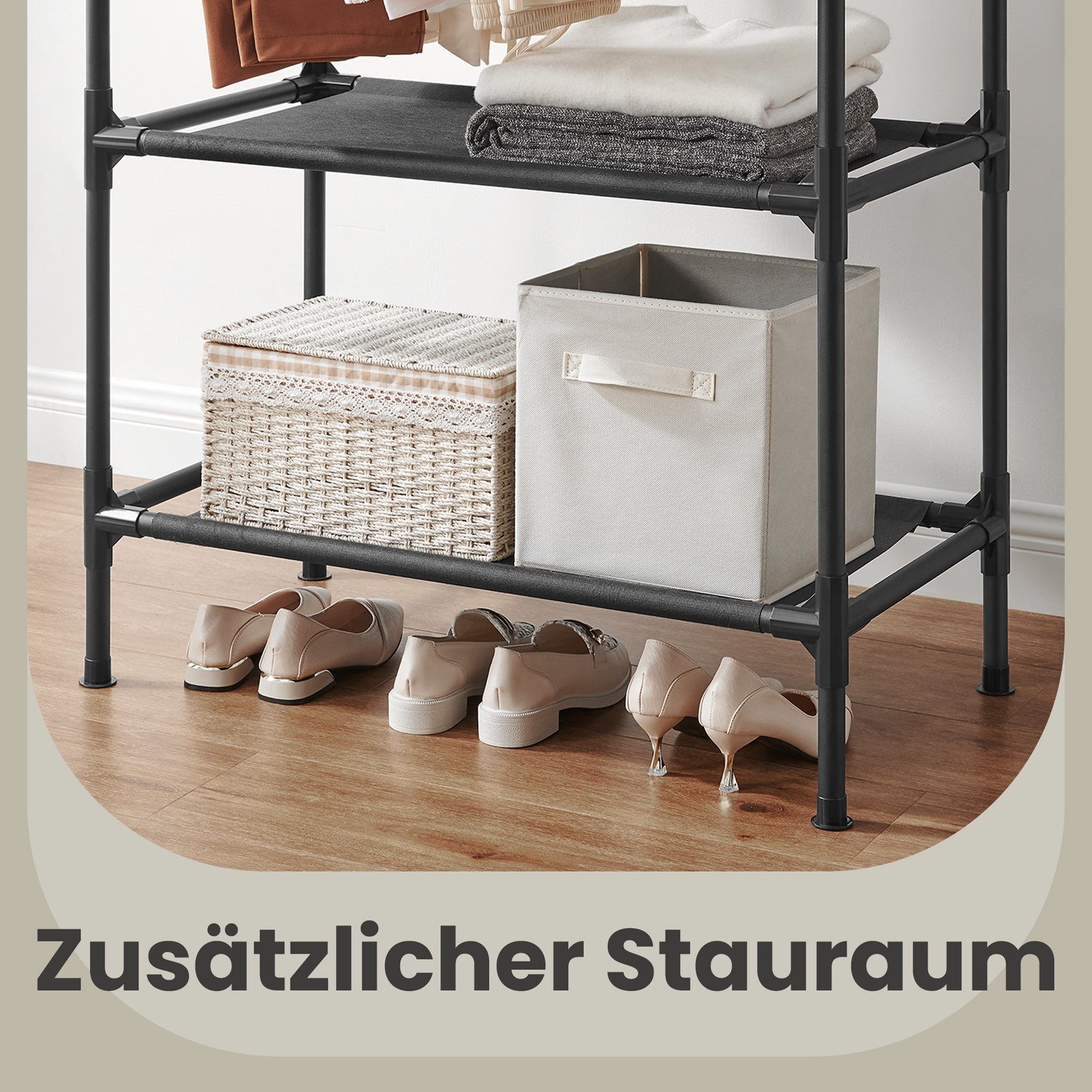 Drabužių stovas iš metalo su lentyna ir 2 skersiniais, 83 x 45 x 157 cm, juodas - Image 8